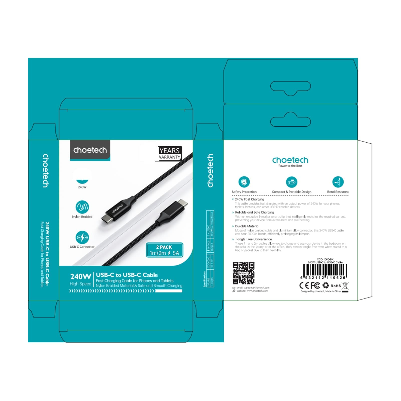 Choetech PowerSync XCC-1060 USB-C Cable Set, 240 W, 1 m and 2 m, Black — alternate view