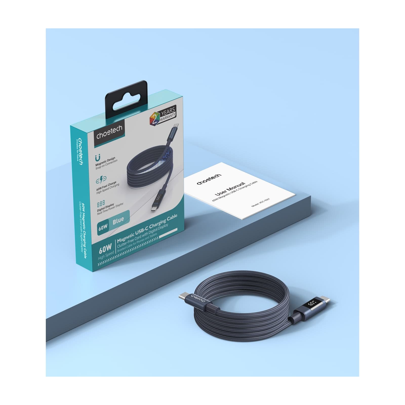 Choetech PowerSync XCC-1067 Magnetic USB-C Cable with Display, 60 W, 1.2 m, Dark Blue — alternate view
