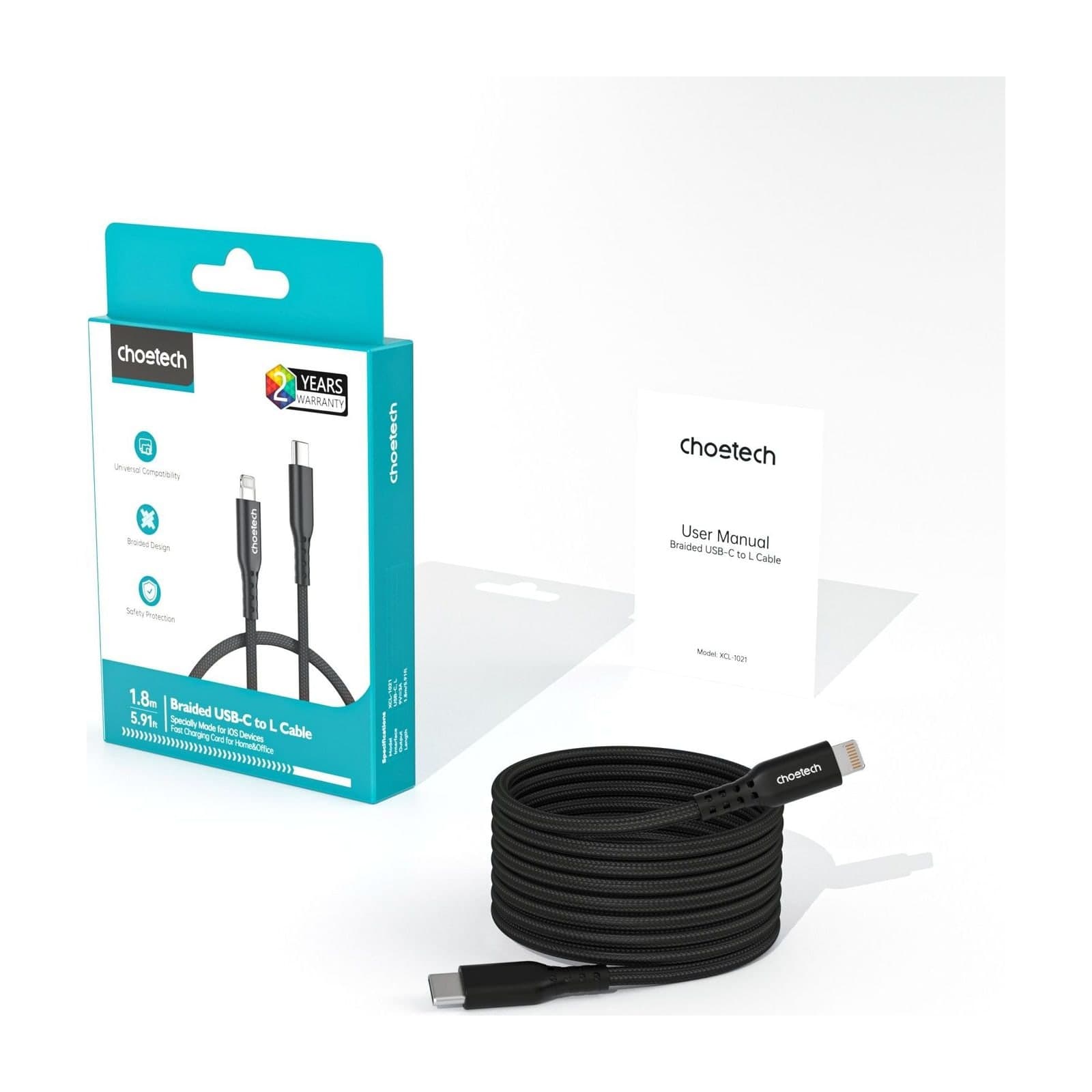 Choetech PowerSync XCL-1021 Nylon Lightning Cable, USB-C, 1.8 m, Multi-Colour — alternate view