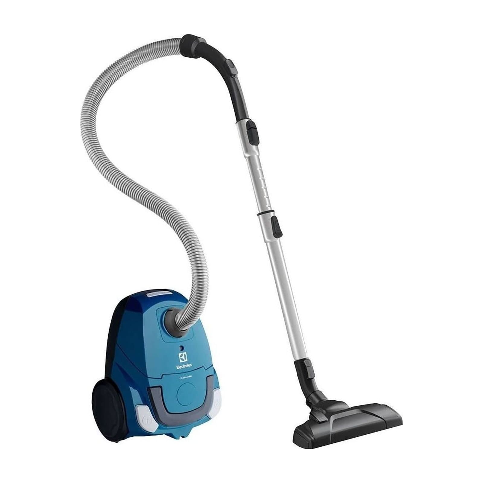 Electrolux Z1220 CompactGo bagged canister vacuum in blue, with its hose and telescopic wand