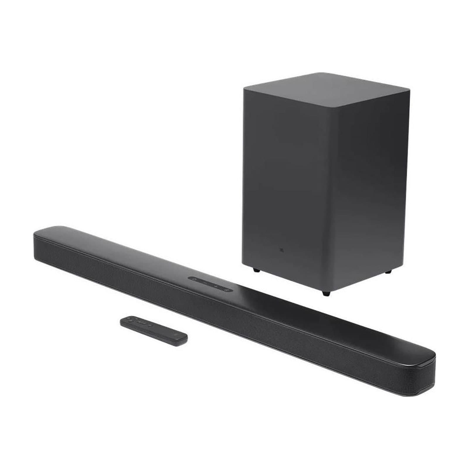 JBL Bar 2.1 Deep Bass MK2 soundbar with its wireless subwoofer and remote