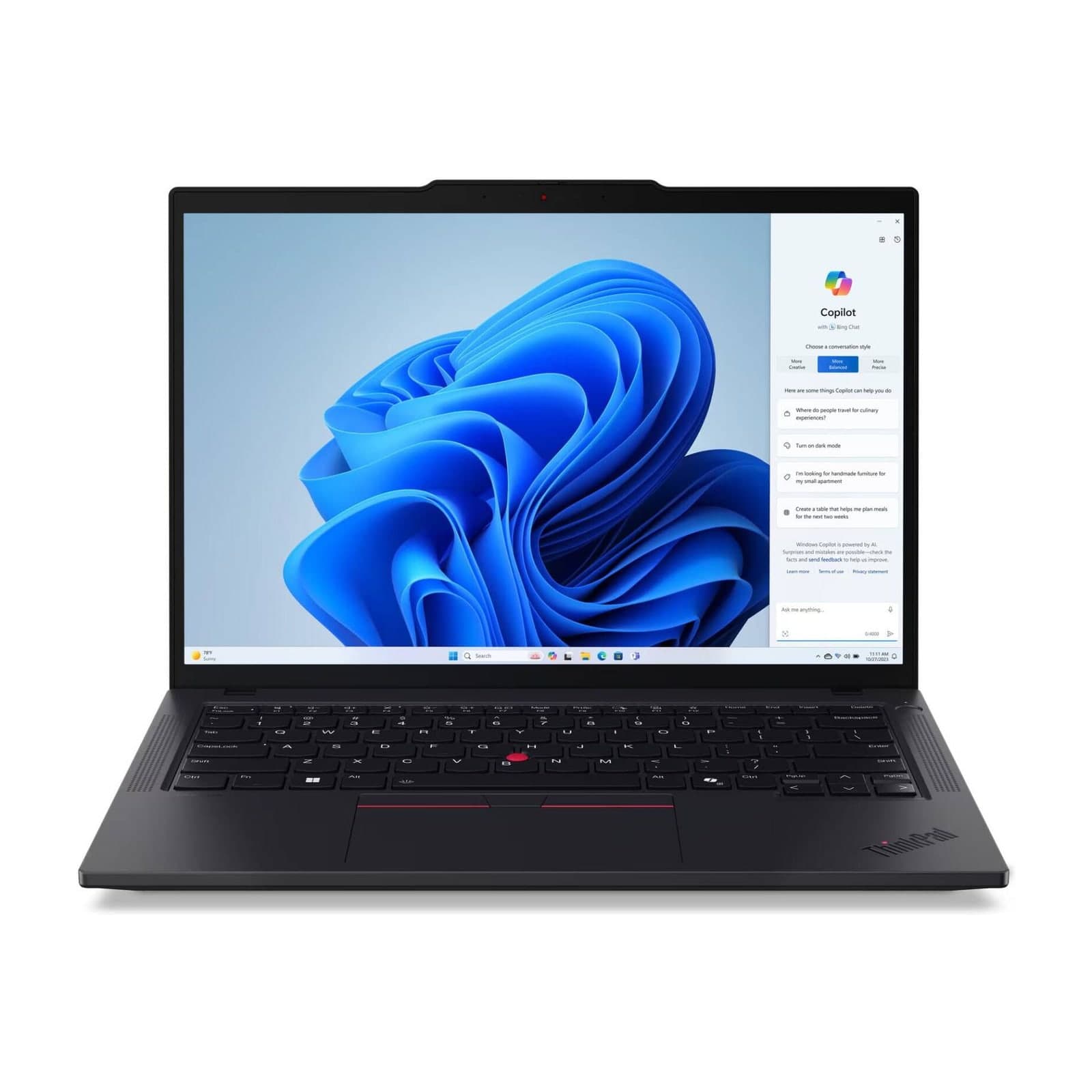 Lenovo ThinkPad T14 laptop in black, open, front