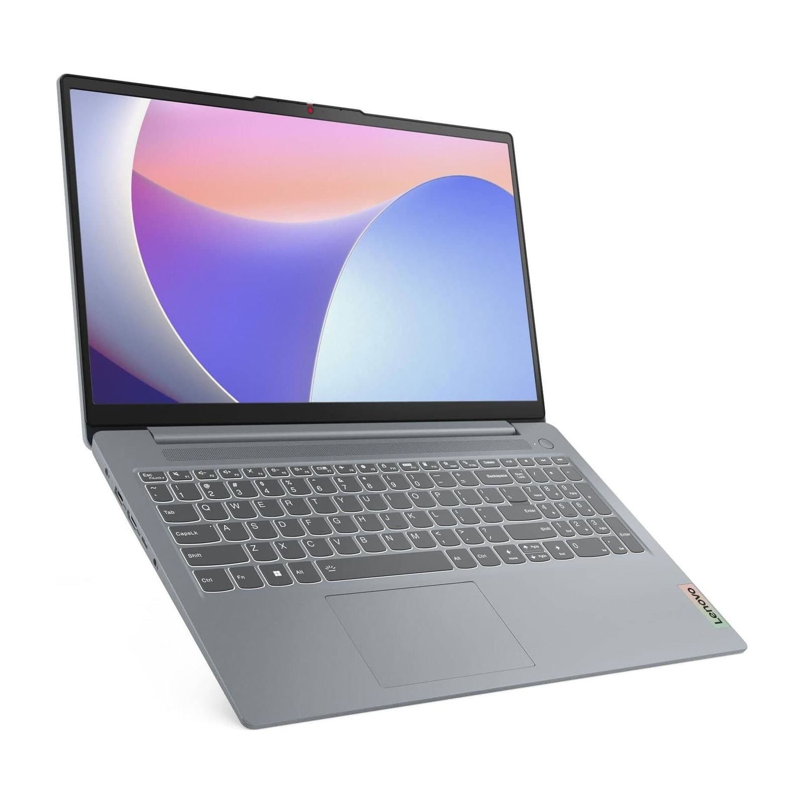 Lenovo IdeaPad Slim 3 15IRU8 laptop, open, front three-quarter