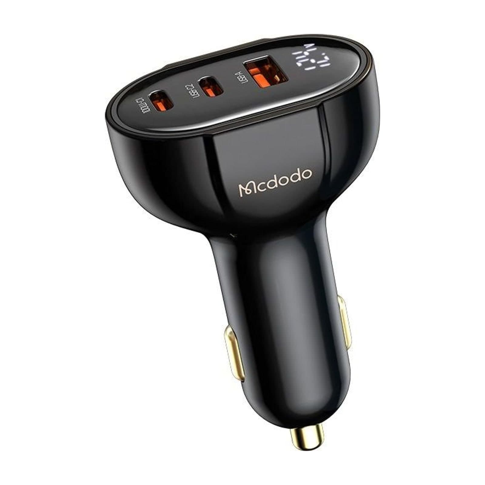 Mcdodo 128 W three-port car charger, black, with two USB-C ports, a USB-A port and a wattage display