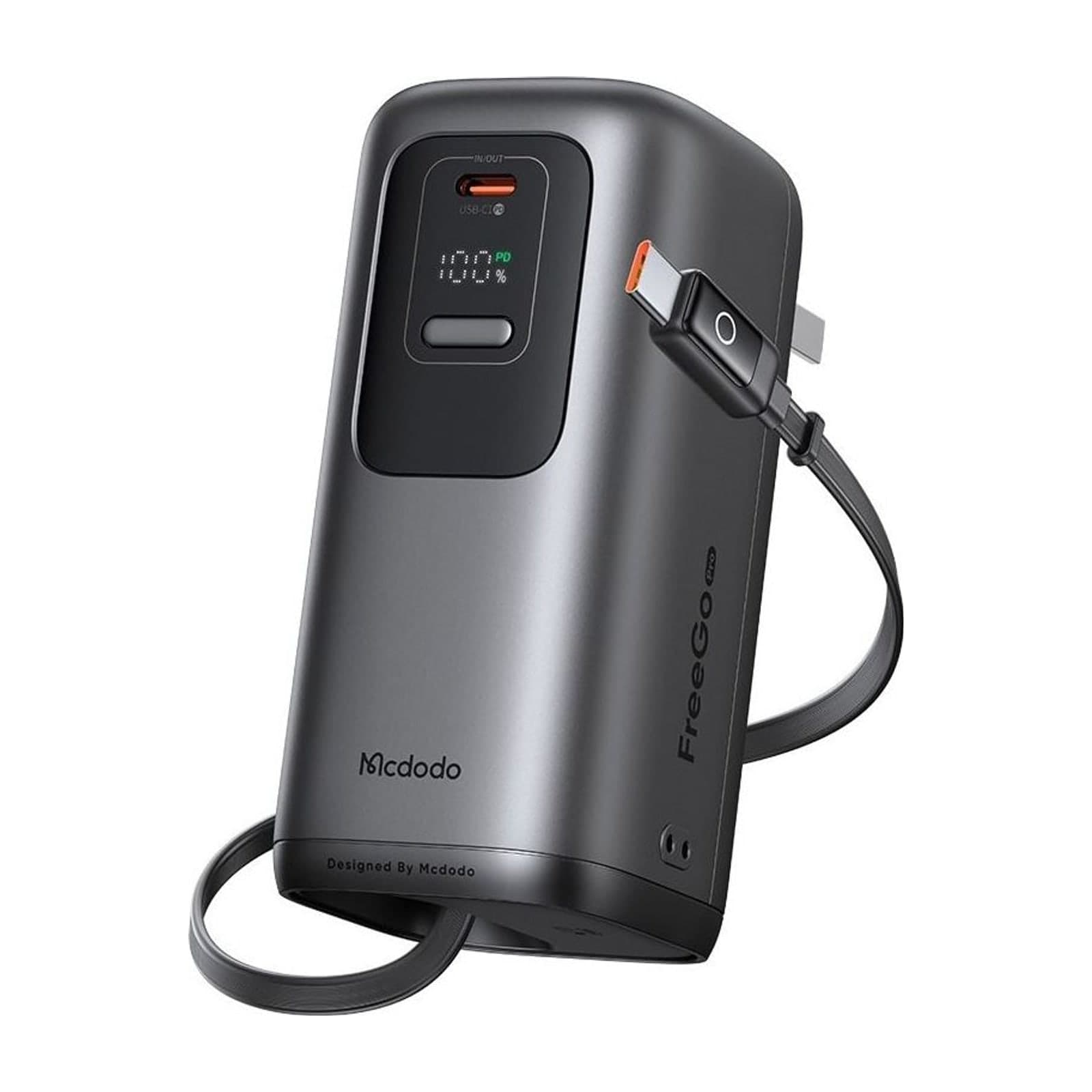 Mcdodo MC-850 FreeGo Pro power bank, black, with an LED charge display and a retractable USB-C cable