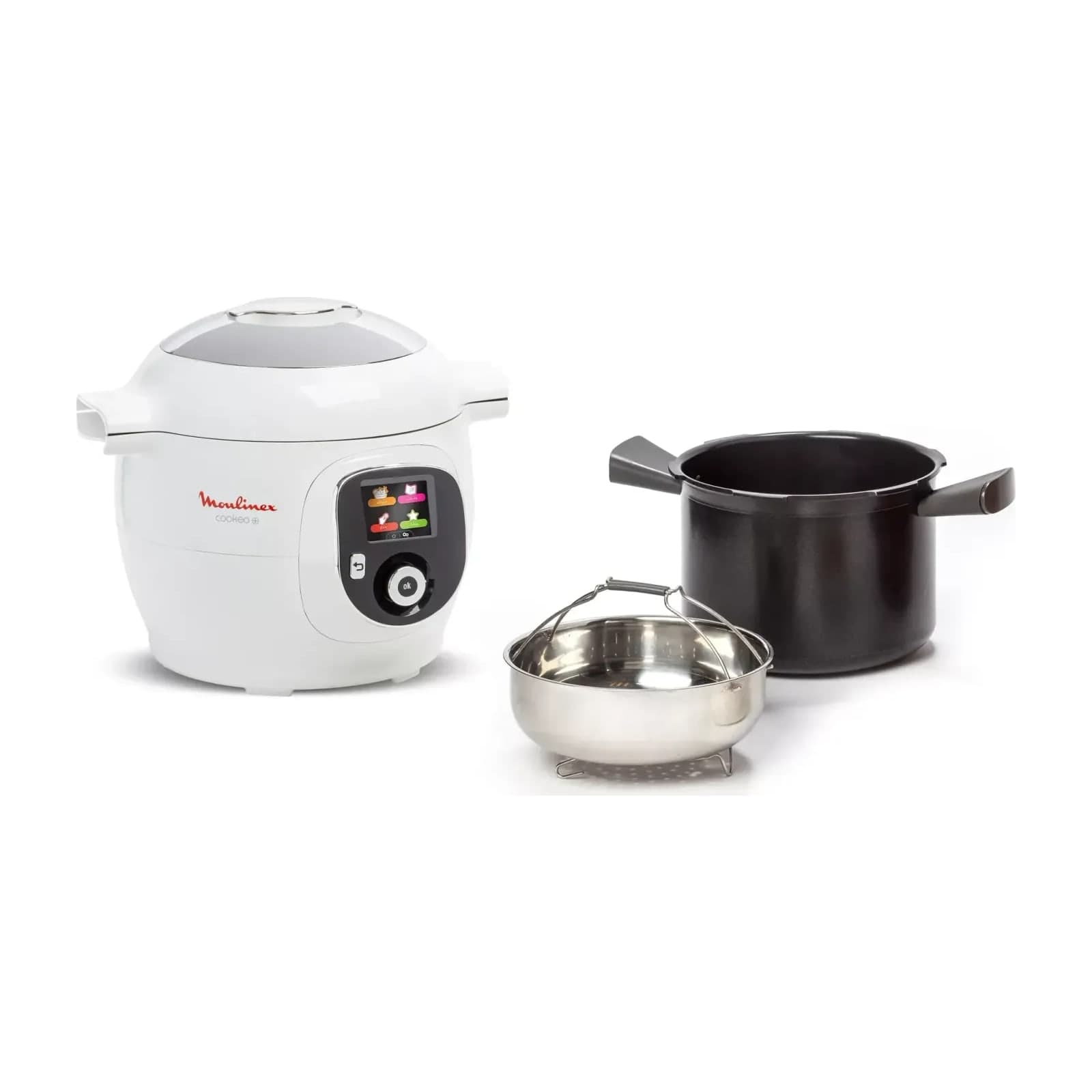 Moulinex Cookeo+ CE851127 multicooker with its inner pot and steaming basket