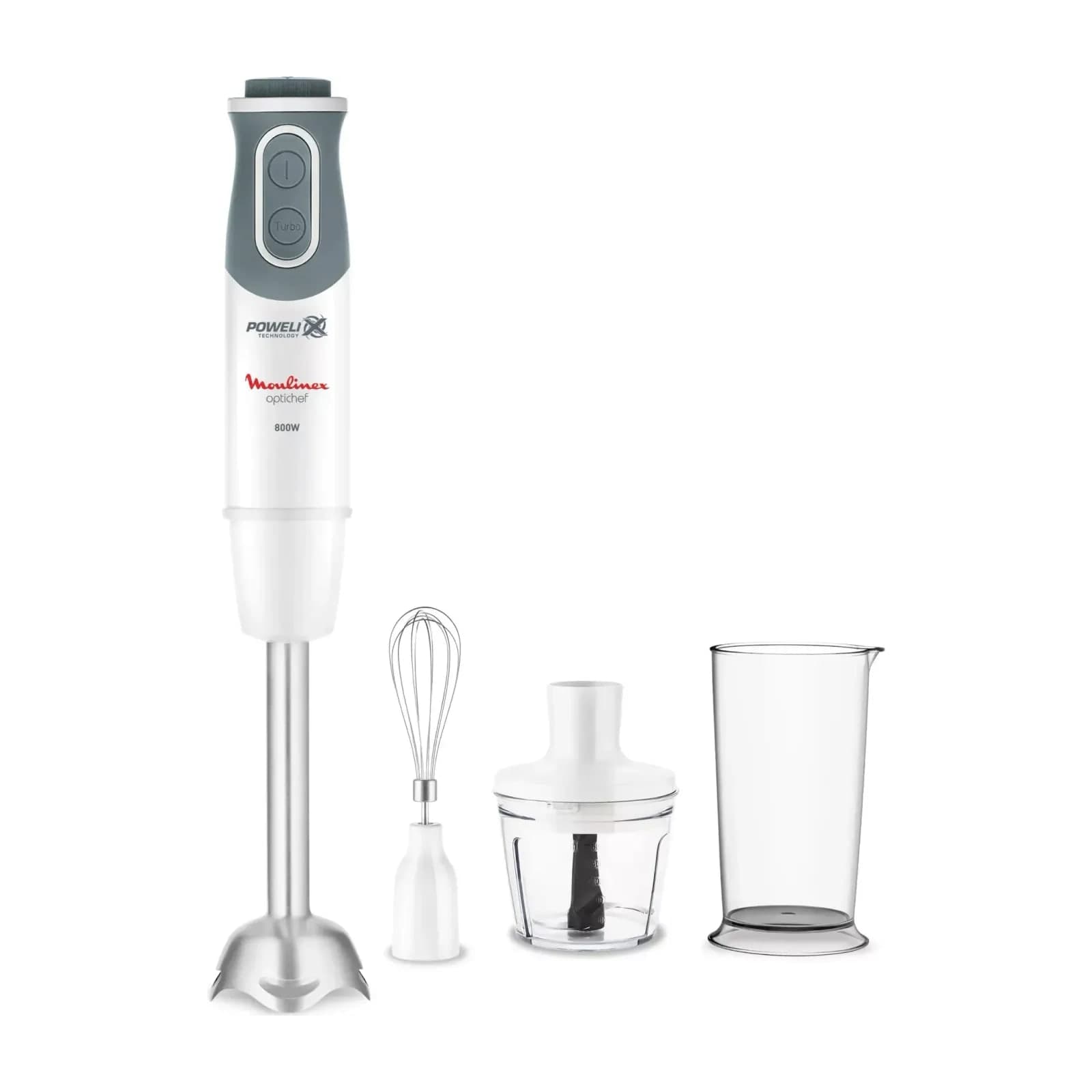 Moulinex Optichef DD643127 hand blender with its whisk, chopper and beaker