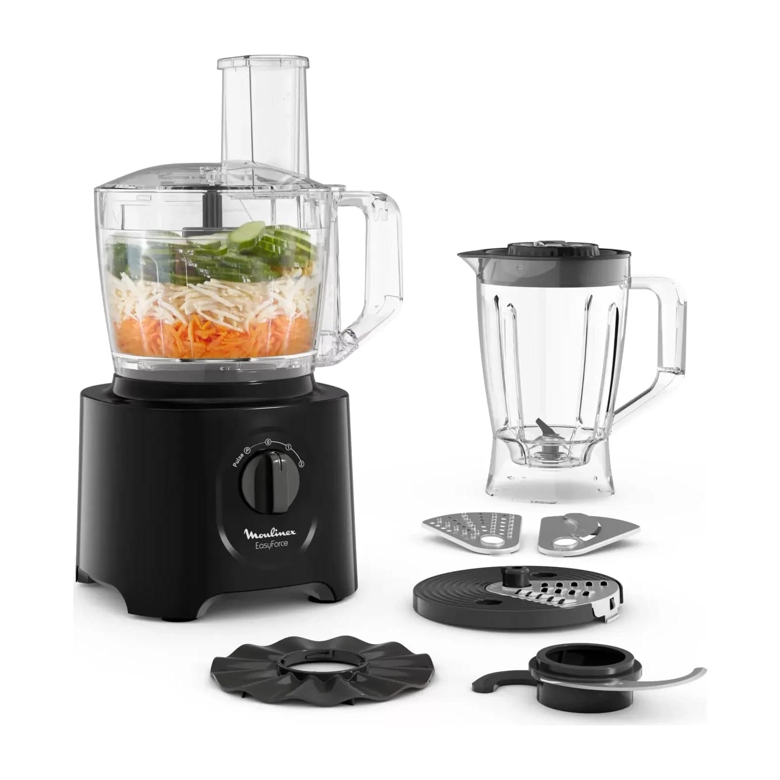 Moulinex Easy Force FP247827 food processor, black, with its bowl, blender jug and discs