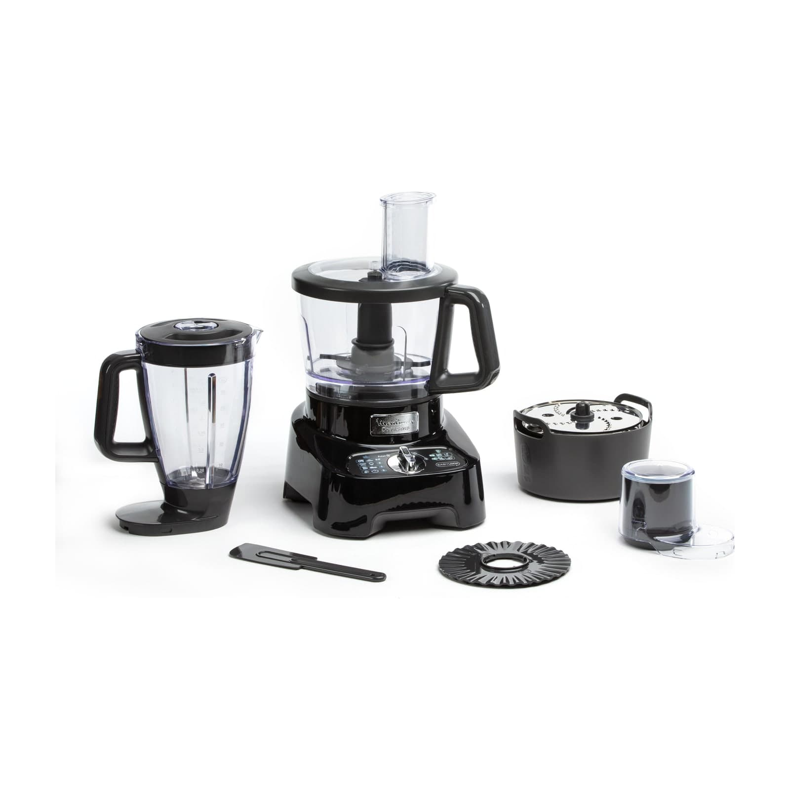 Moulinex DoubleForce FP821827 food processor with its bowl, blender jug and attachments