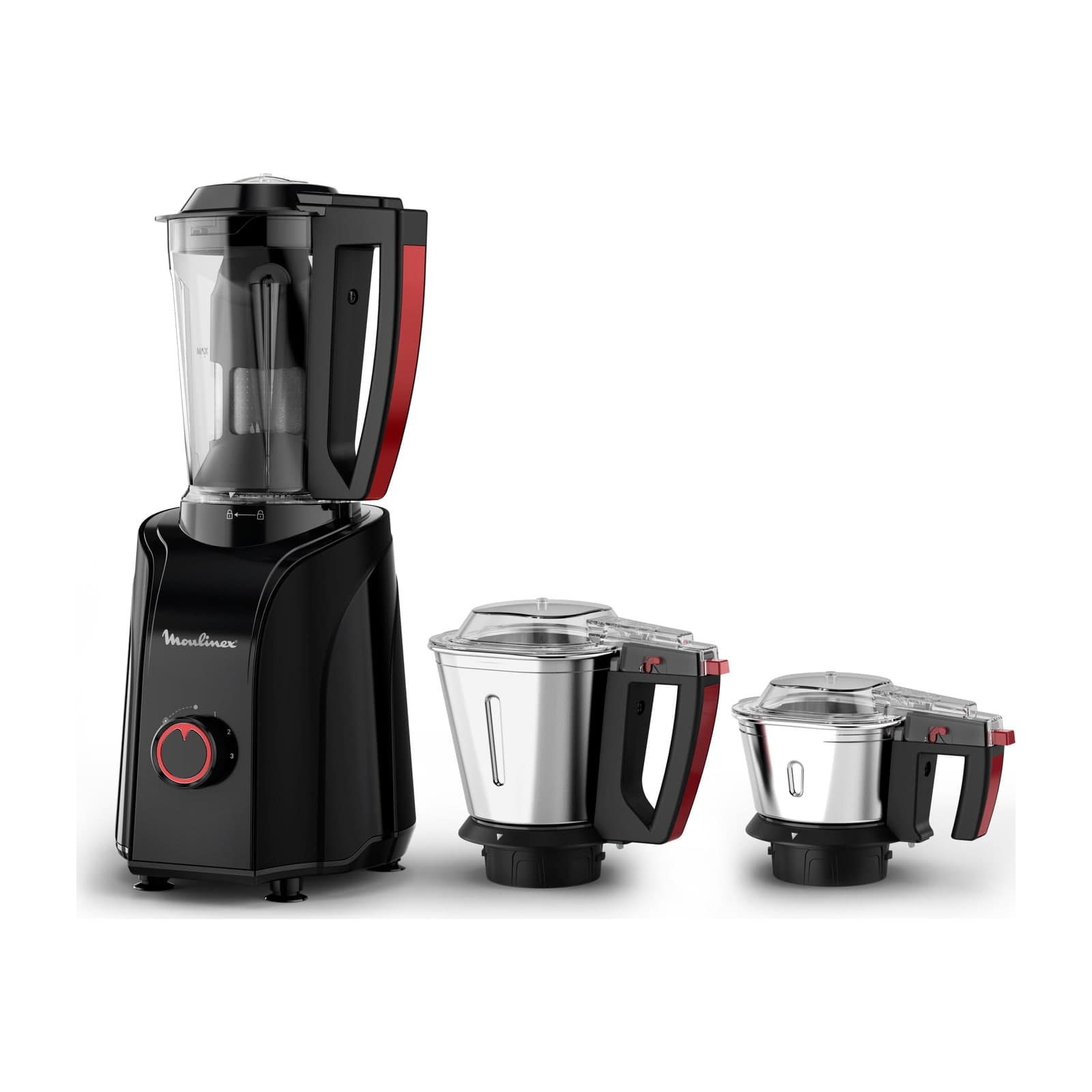 Moulinex GrindMax LM701827 mixer grinder with its three stainless steel jars