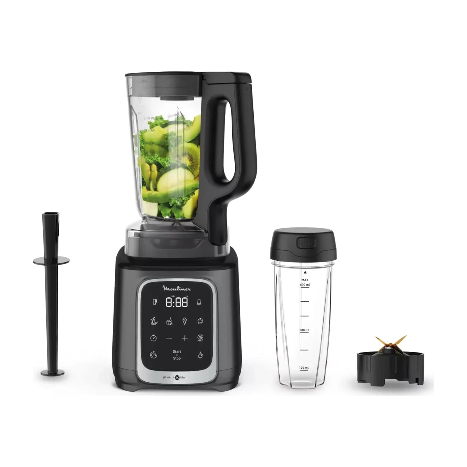 Moulinex InfinyMix+ LM91HD27 high-speed blender with its Tritan jar and travel cup