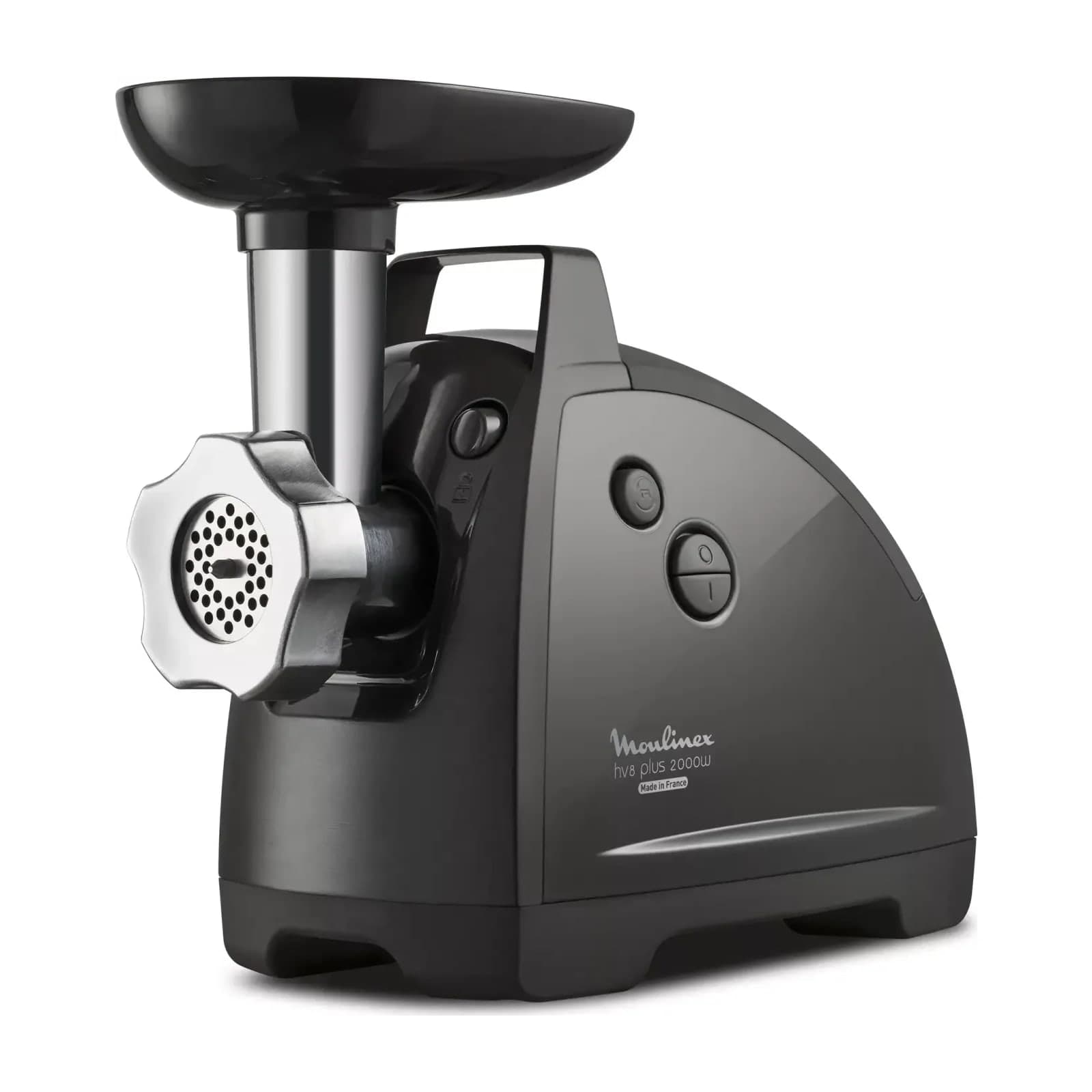 Moulinex HV8 Plus ME682827 meat mincer with its feed tray and grids