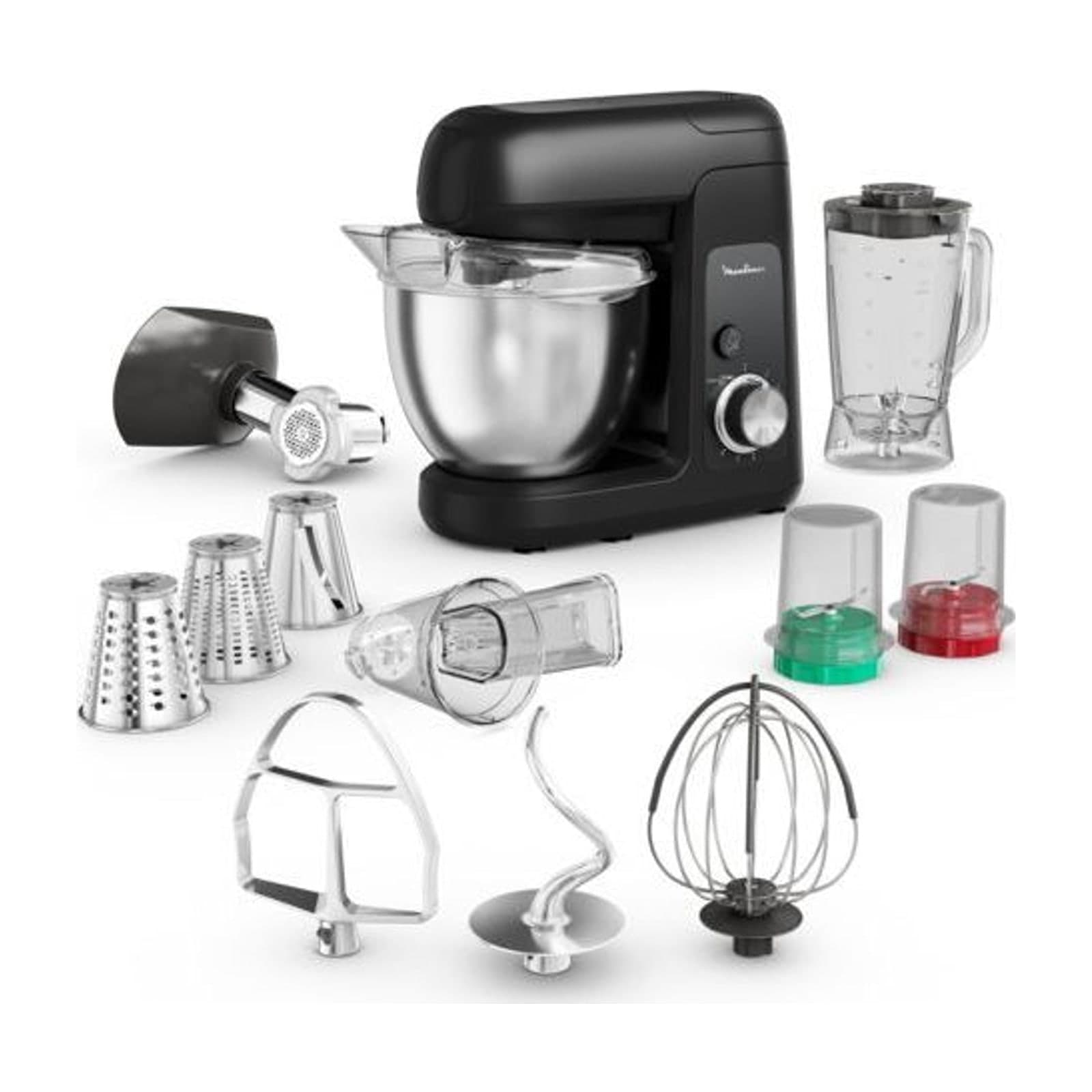 Moulinex Bake Partner QA525827 stand mixer with its 4.6 L bowl, blender jug, grating drums and beaters