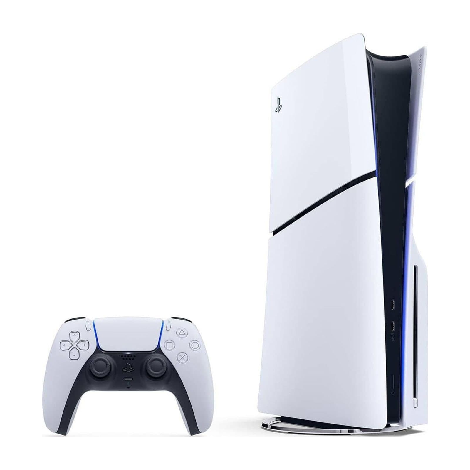 PlayStation 5 Slim disc console standing, with DualSense controller