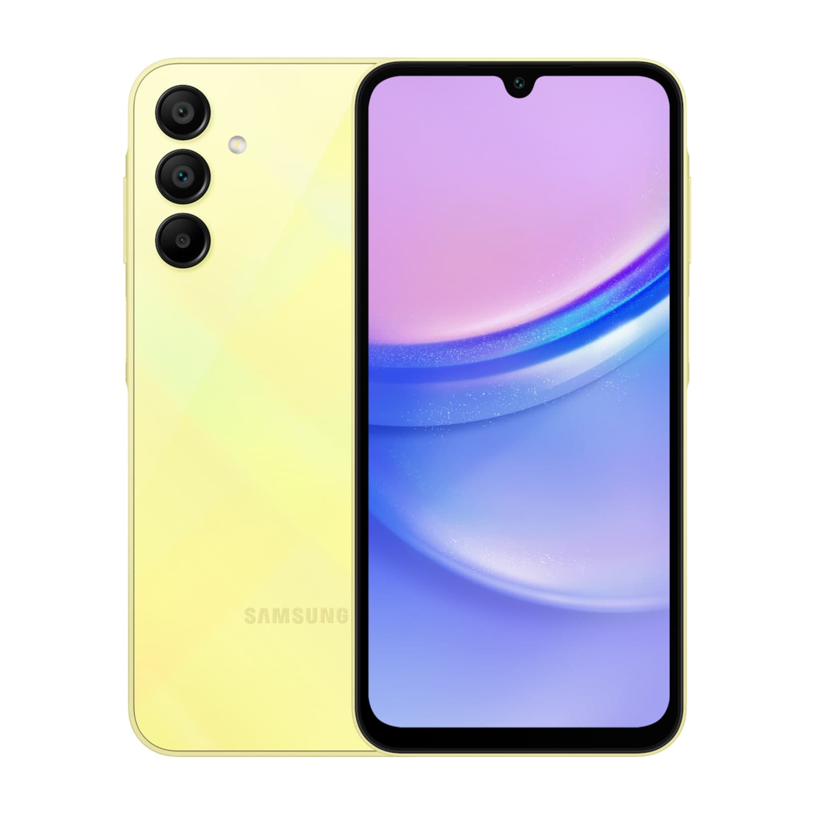 Samsung Galaxy A15 in yellow, back and front
