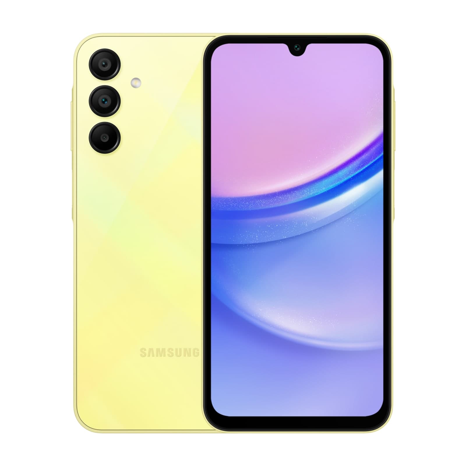 Samsung Galaxy A15 in yellow, back and front