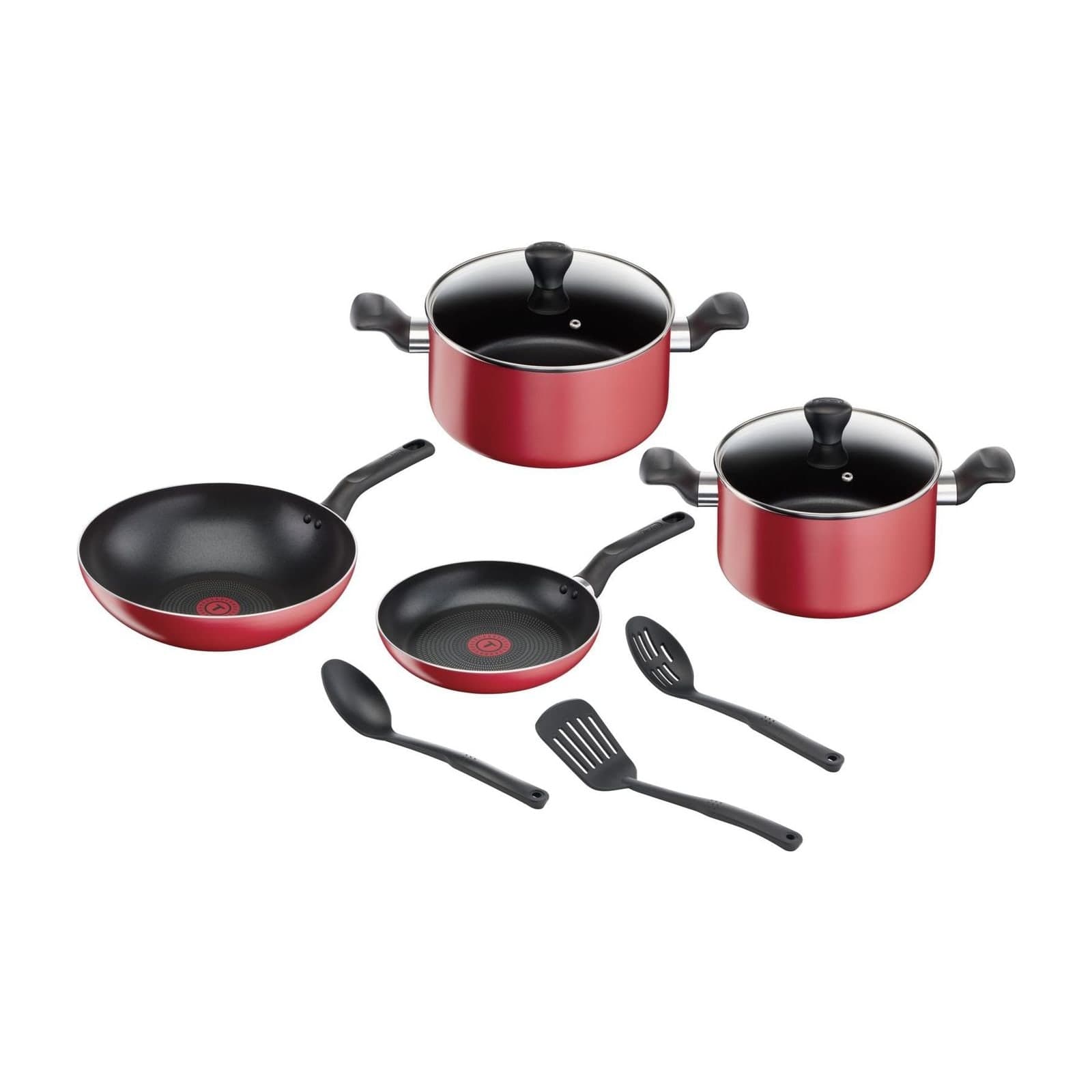 Tefal Super Cook B243S985 nine-piece set: two red stewpots with glass lids, a frying pan and four nylon utensils
