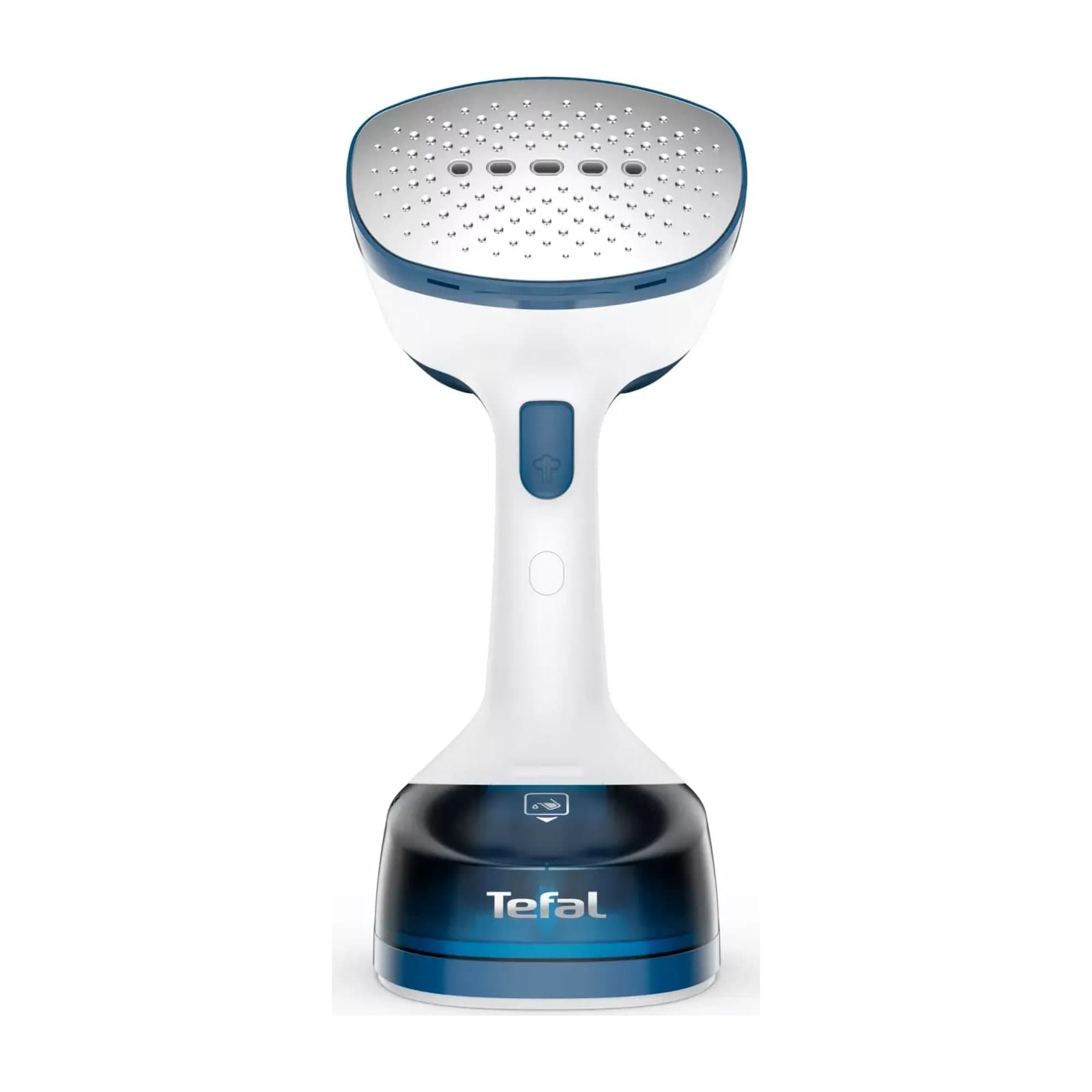 Tefal Access Steam Easy DT7130G0 handheld garment steamer, blue and white, standing on its base