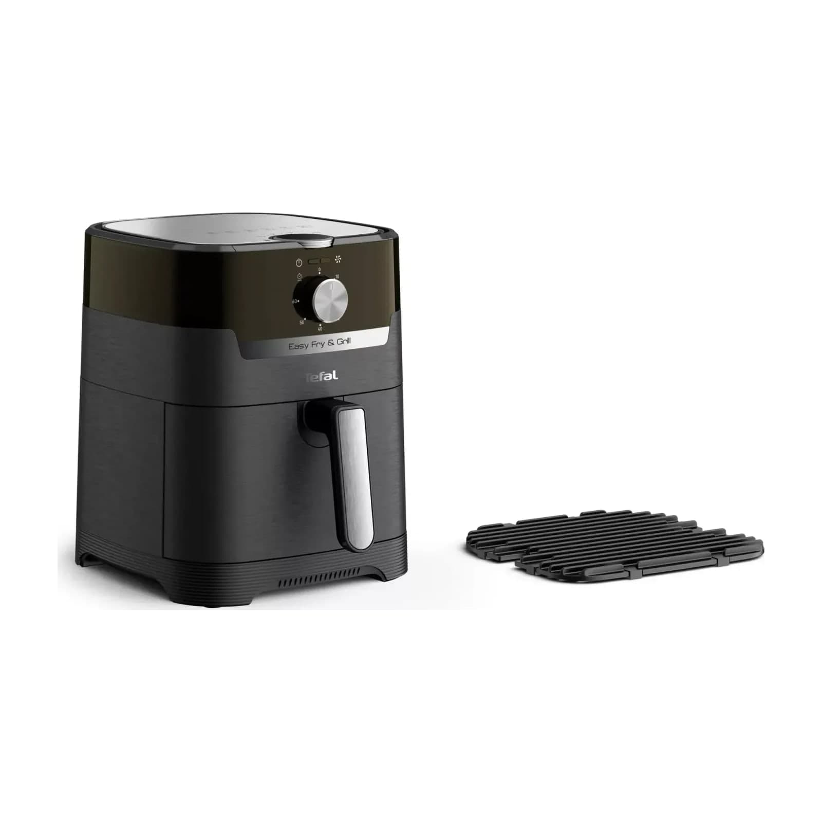 Tefal EasyFry Classic EY501828 2-in-1 air fryer and grill, black, shown with its grill plate
