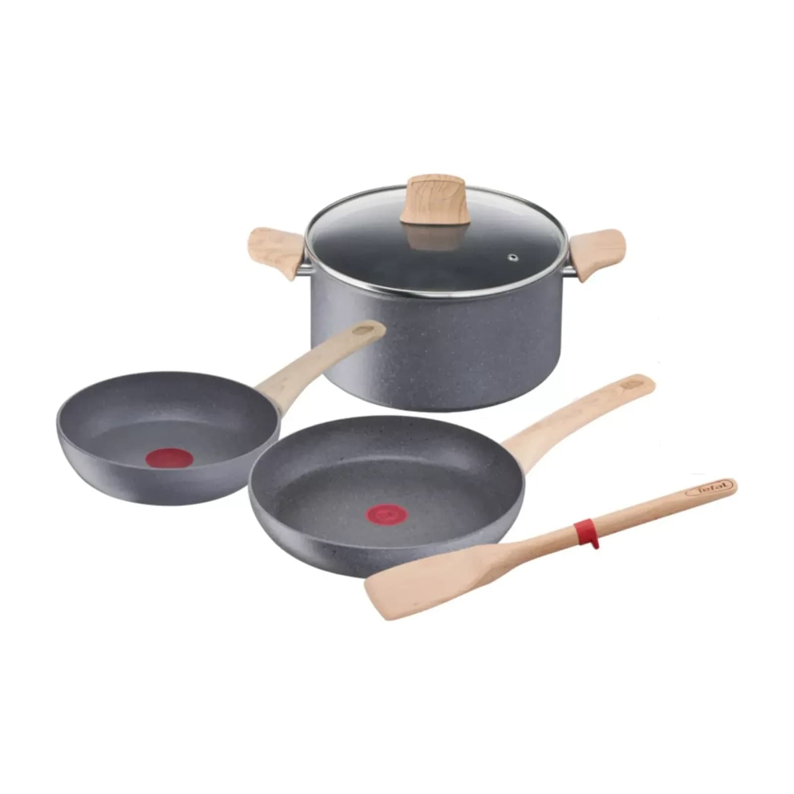 Tefal Natural Force G2669282 five-piece cookware set with a glass lid and a wooden spatula