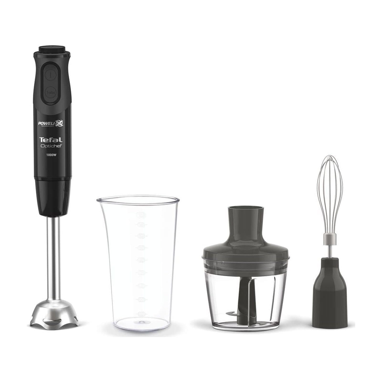 Tefal Optichef HB643842 hand blender, 1000 W, black, with its beaker, 500 ml chopper and whisk