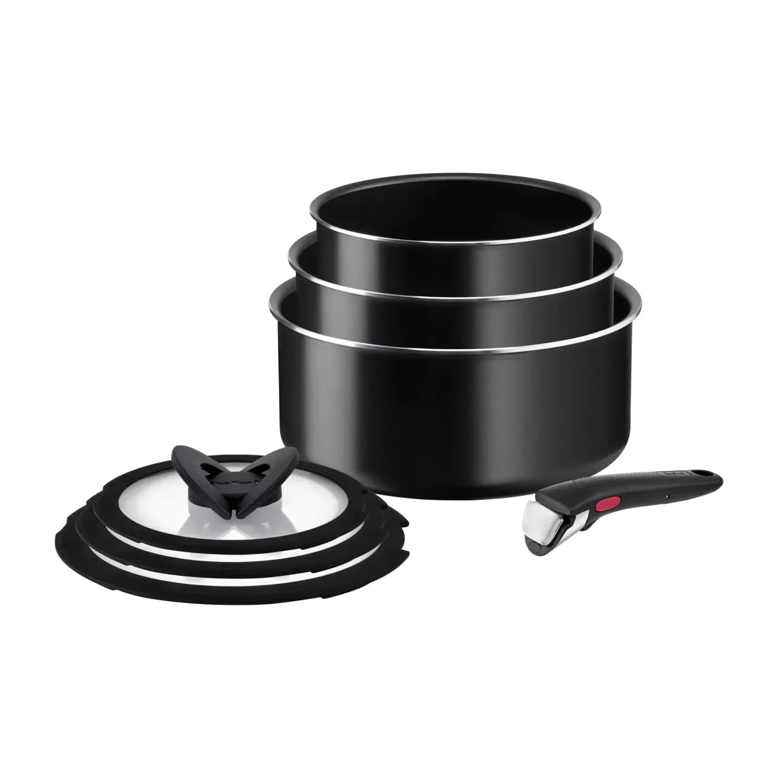 Tefal Ingenio Easy On L1599602 seven-piece set: saucepans 16, 18 and 20 cm, three glass lids and a removable handle