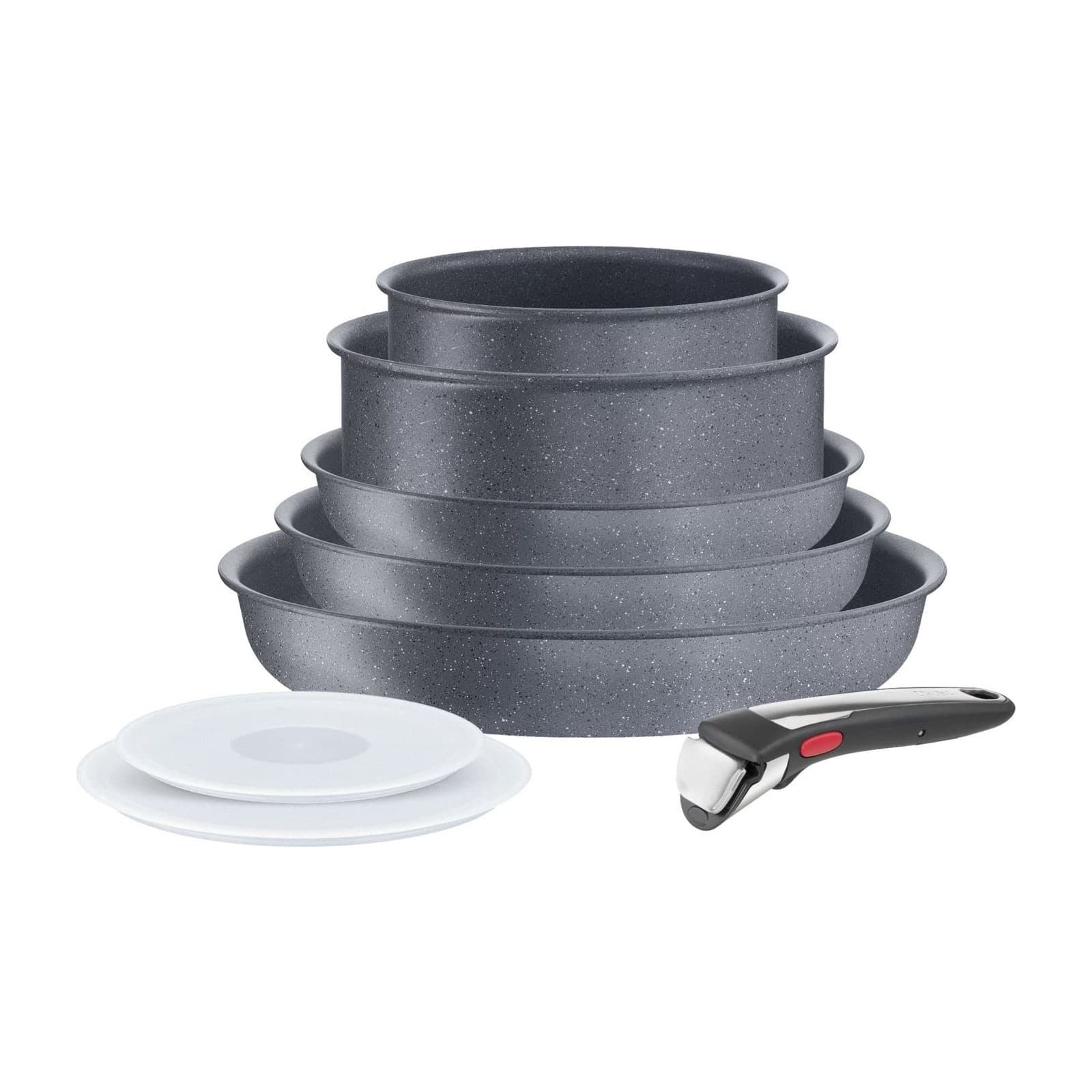 Tefal Ingenio Natural On L7669802 eight-piece set stacked, stone-effect finish, with lids and a removable handle
