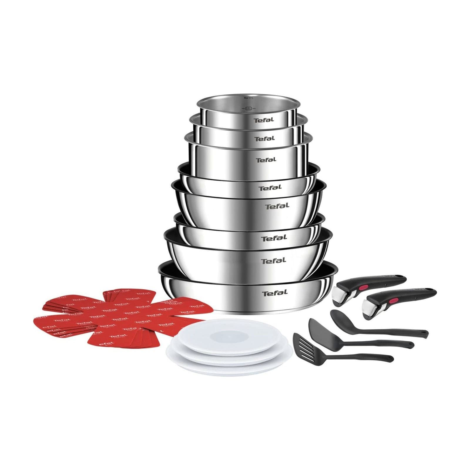 Tefal Ingenio Emotion L897SK04 twenty-piece stainless steel set with pans stacked, hermetic lids, pan protectors and removable handles