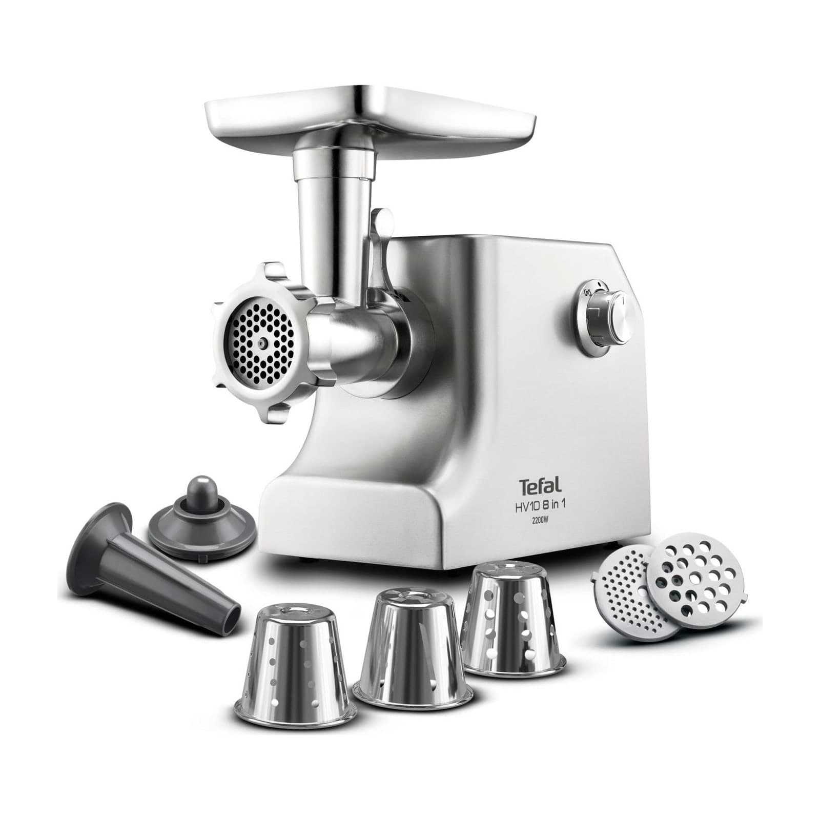 Tefal HV10 ME858DM0 meat mincer with its feed tray, cutting discs and sausage and kebbe attachments