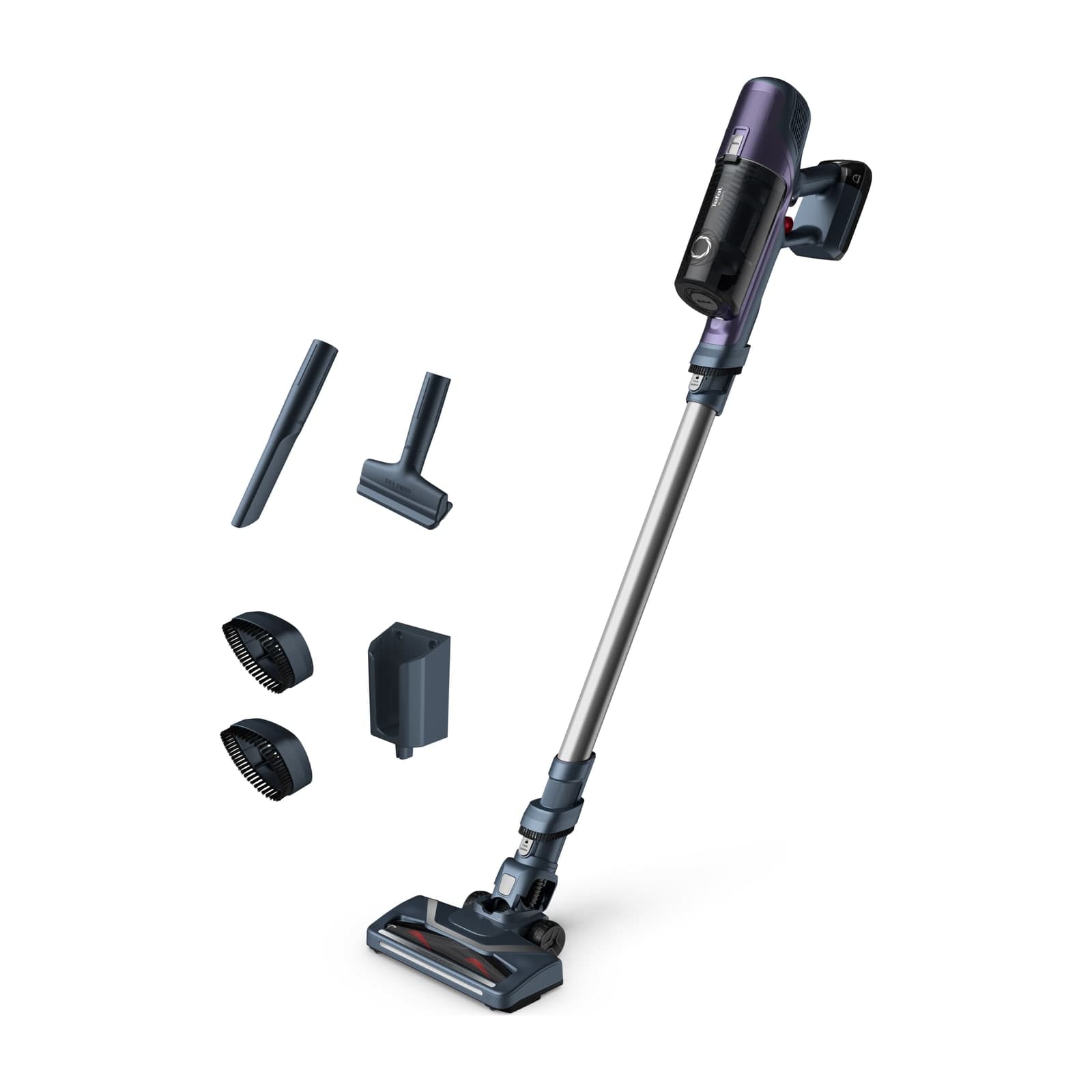 Tefal X-Pert 6.60 Allergy TY6837HO cordless stick vacuum, purple and grey, with its crevice tool and sofa brush