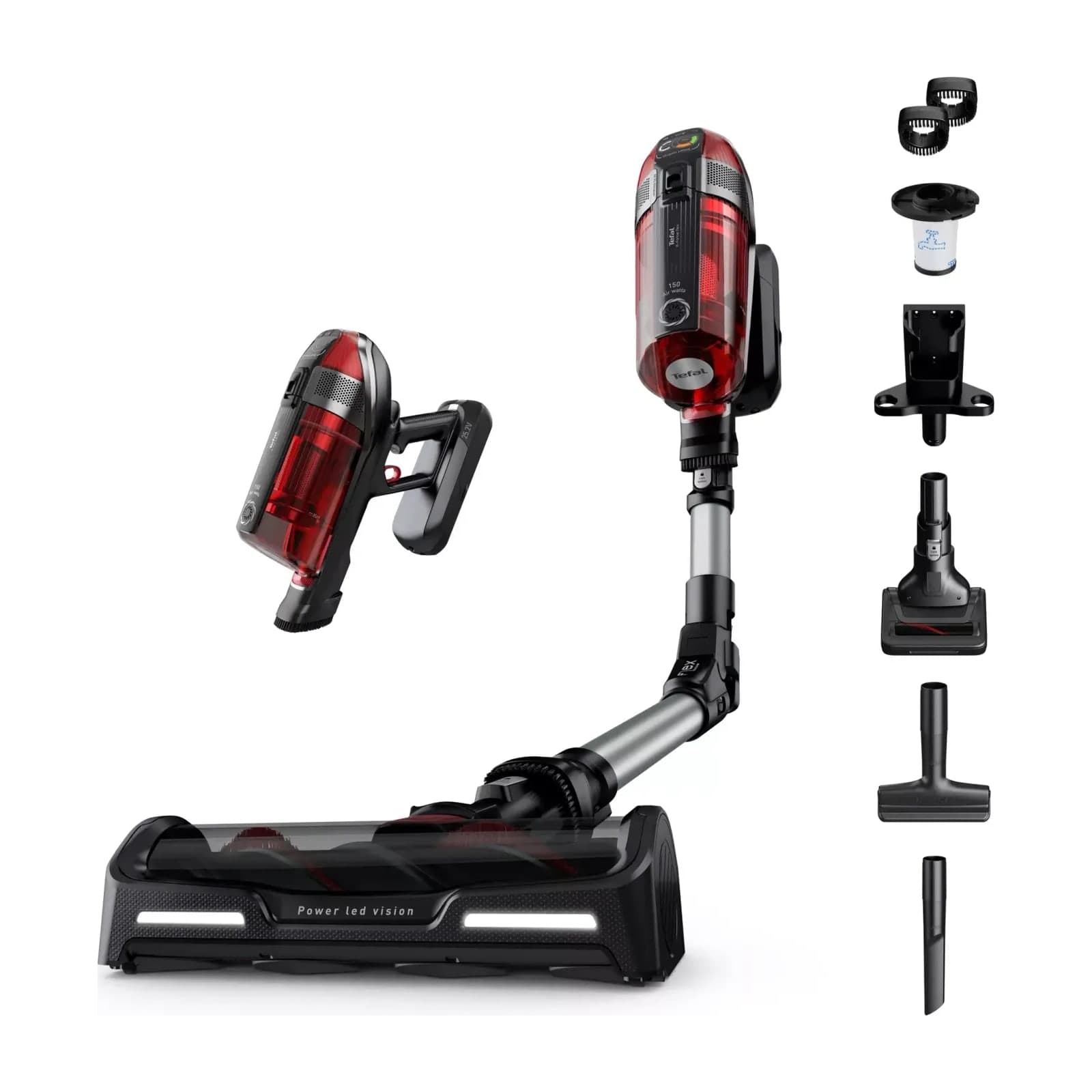 Tefal X-Force Flex 12.60 TY98A2GO cordless vacuum with its wall-mount base, LED animal brush and accessories