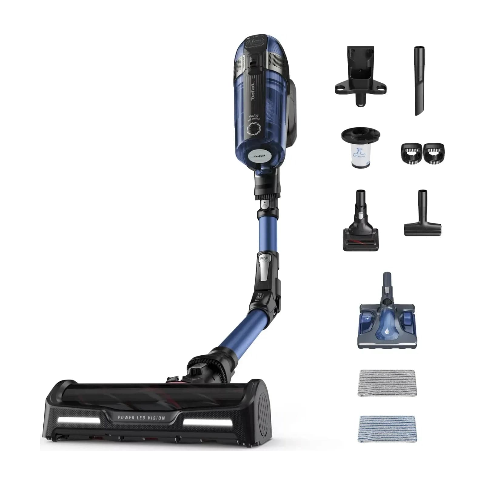 Tefal X-Force Flex 12.60 Aqua TY98C0HO cordless vacuum with its mopping head, mops, turbo brush and accessories