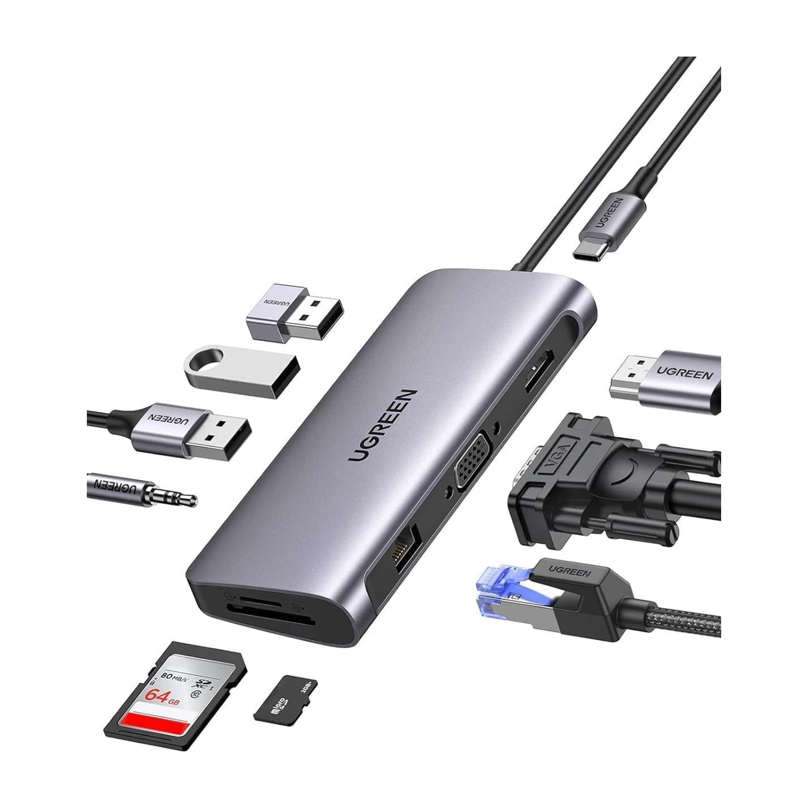 UGREEN 80133 USB-C Hub 10-in-1 with 4K HDMI, VGA and Gigabit Ethernet — alternate view