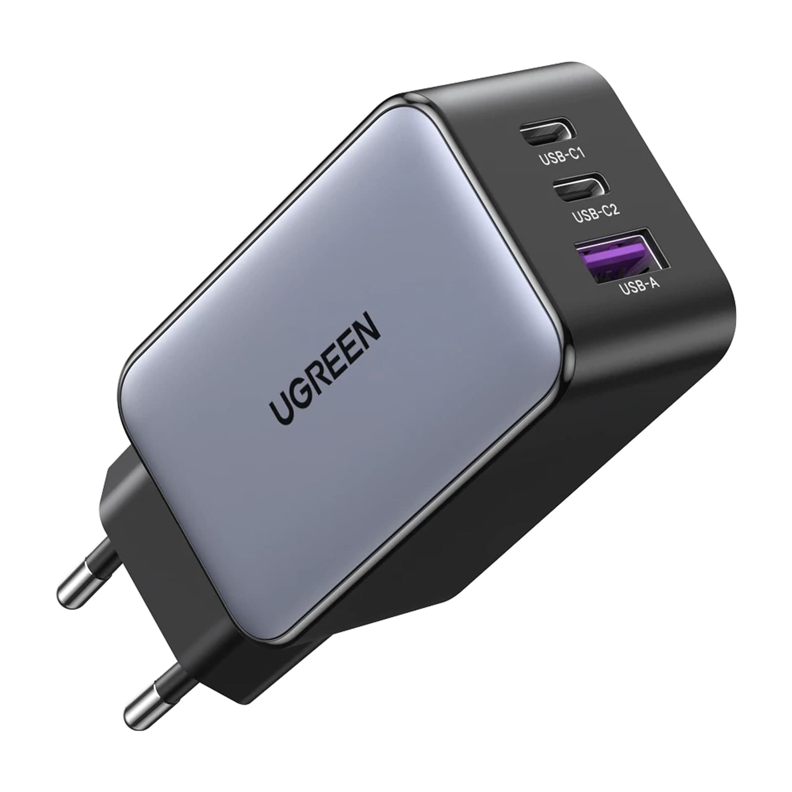 UGREEN Nexode 65 W GaN charger with two USB-C ports, one USB-A port and a two-pin EU plug