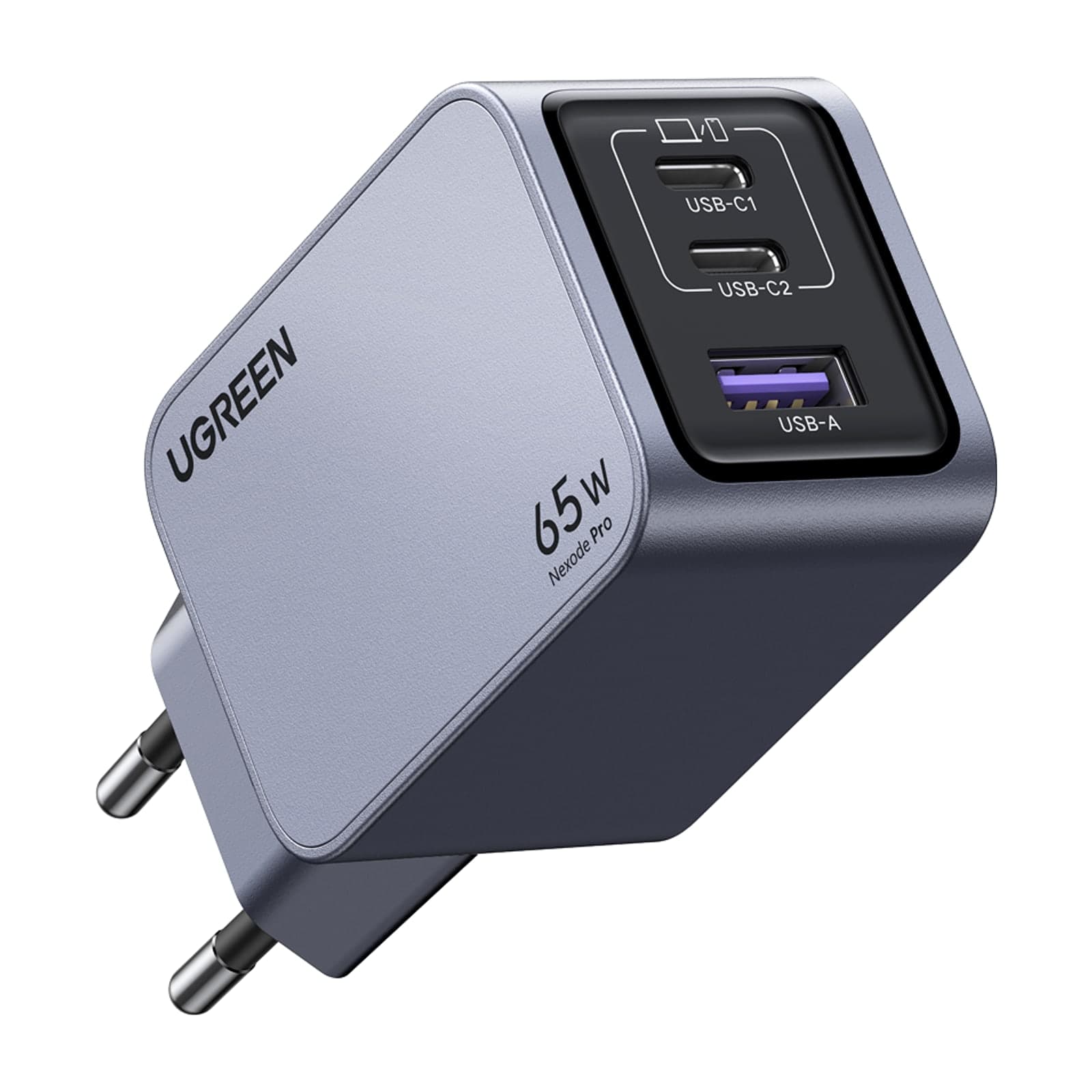 UGREEN Nexode Pro 65 W GaN charger, grey aluminium body, two USB-C and one USB-A port, two-pin EU plug