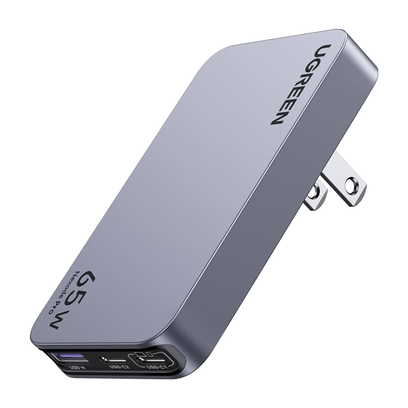 UGREEN Nexode Pro 65 W slim charger, grey, ports along the long edge, folding US flat-blade plug