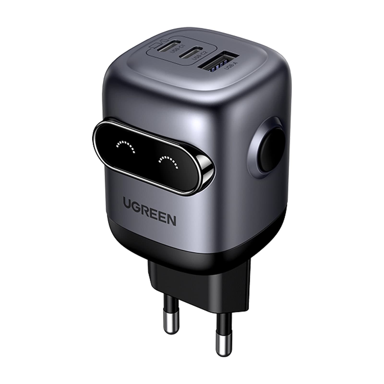 UGREEN Uno 65 W GaN charger with animated LED face display, three ports and a two-pin EU plug