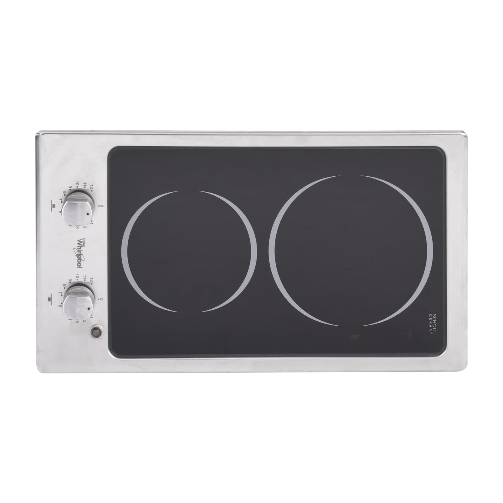 Whirlpool AKT 315IX 30 cm ceramic domino hob seen from above, stainless frame, two cooking zones