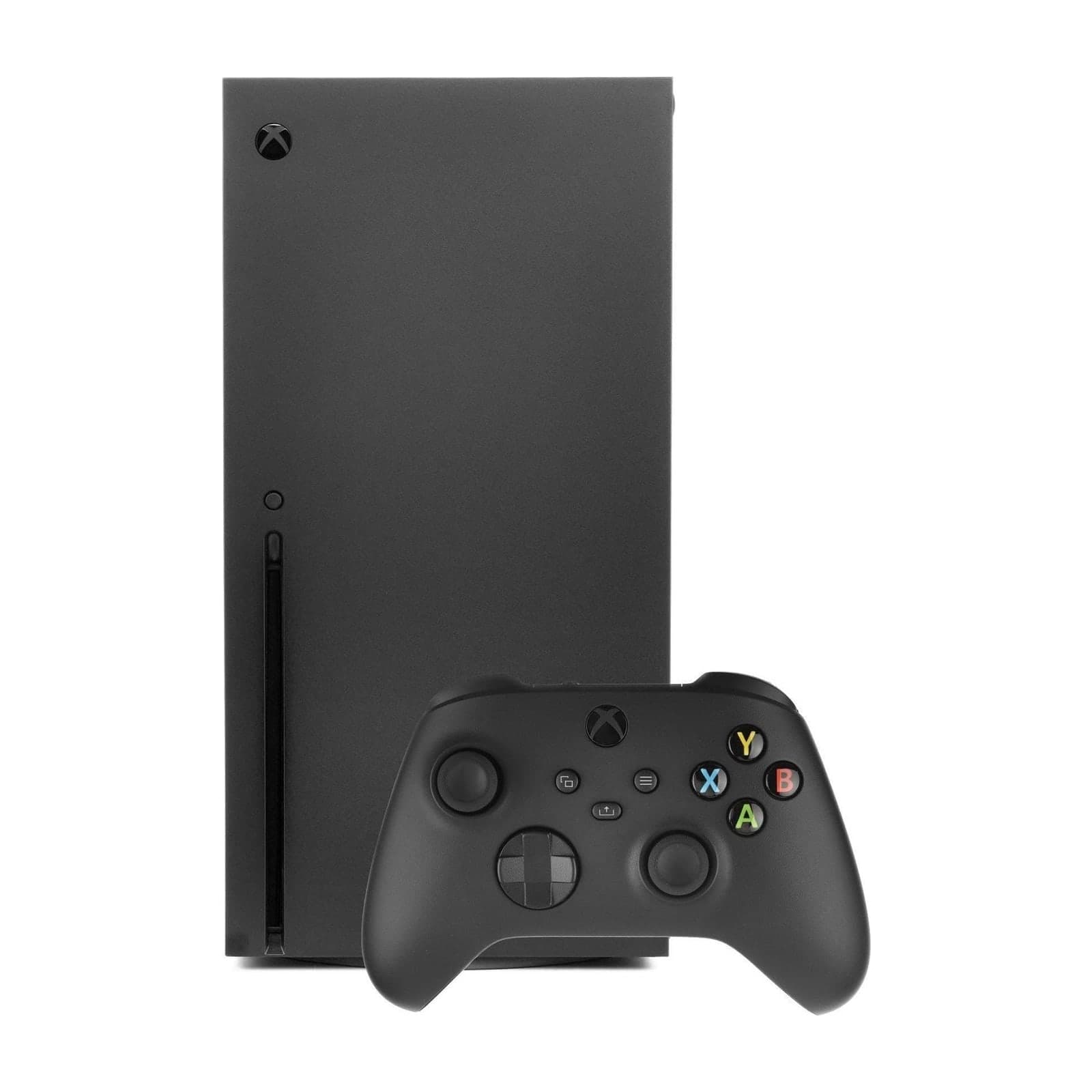 Xbox Series X console standing, with its wireless controller
