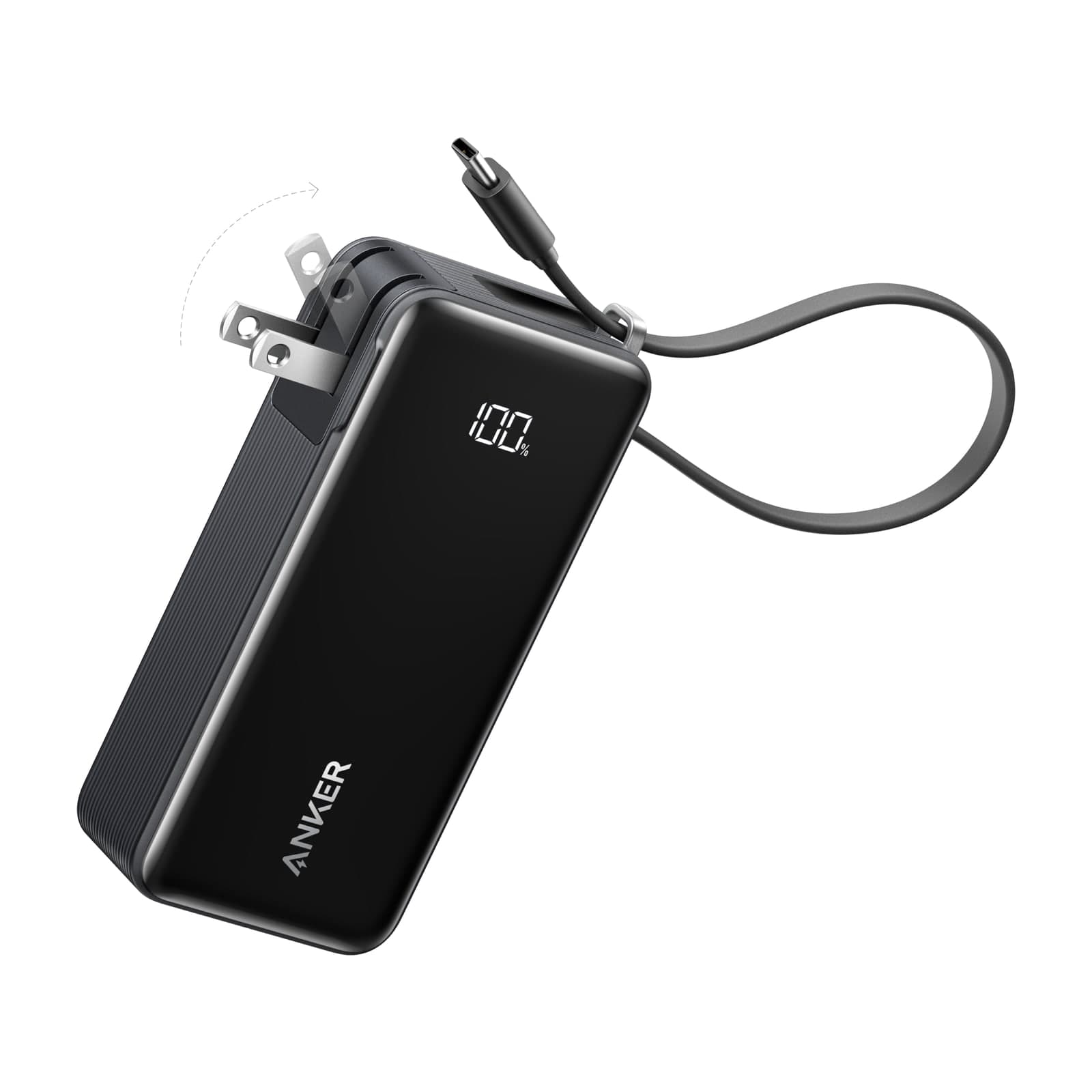 Anker Fusion power bank, 10,000 mAh, black, with a charge display, a built-in cable and US folding mains blades