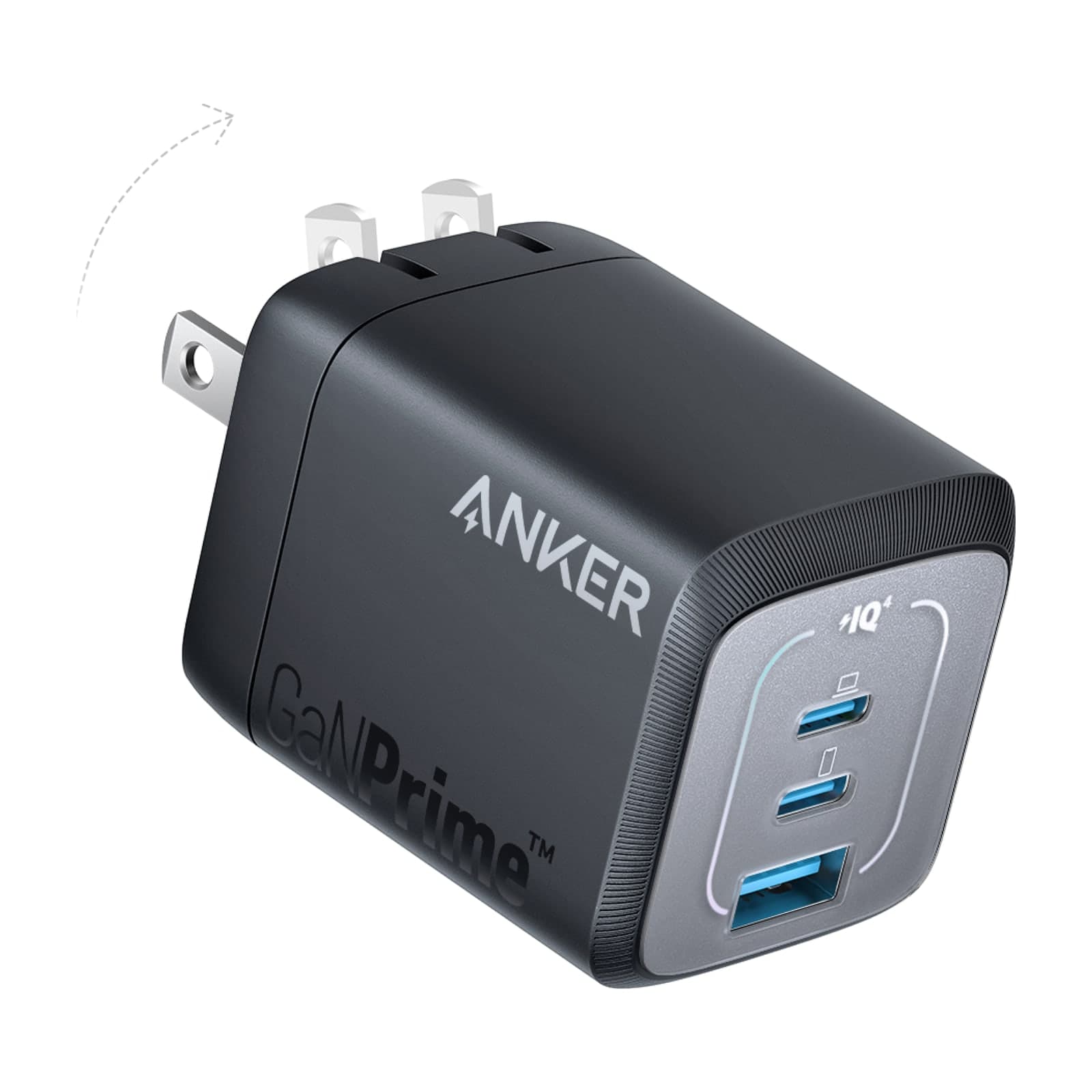 Anker Prime GaN wall charger, 67 W, black with US folding blades and three ports