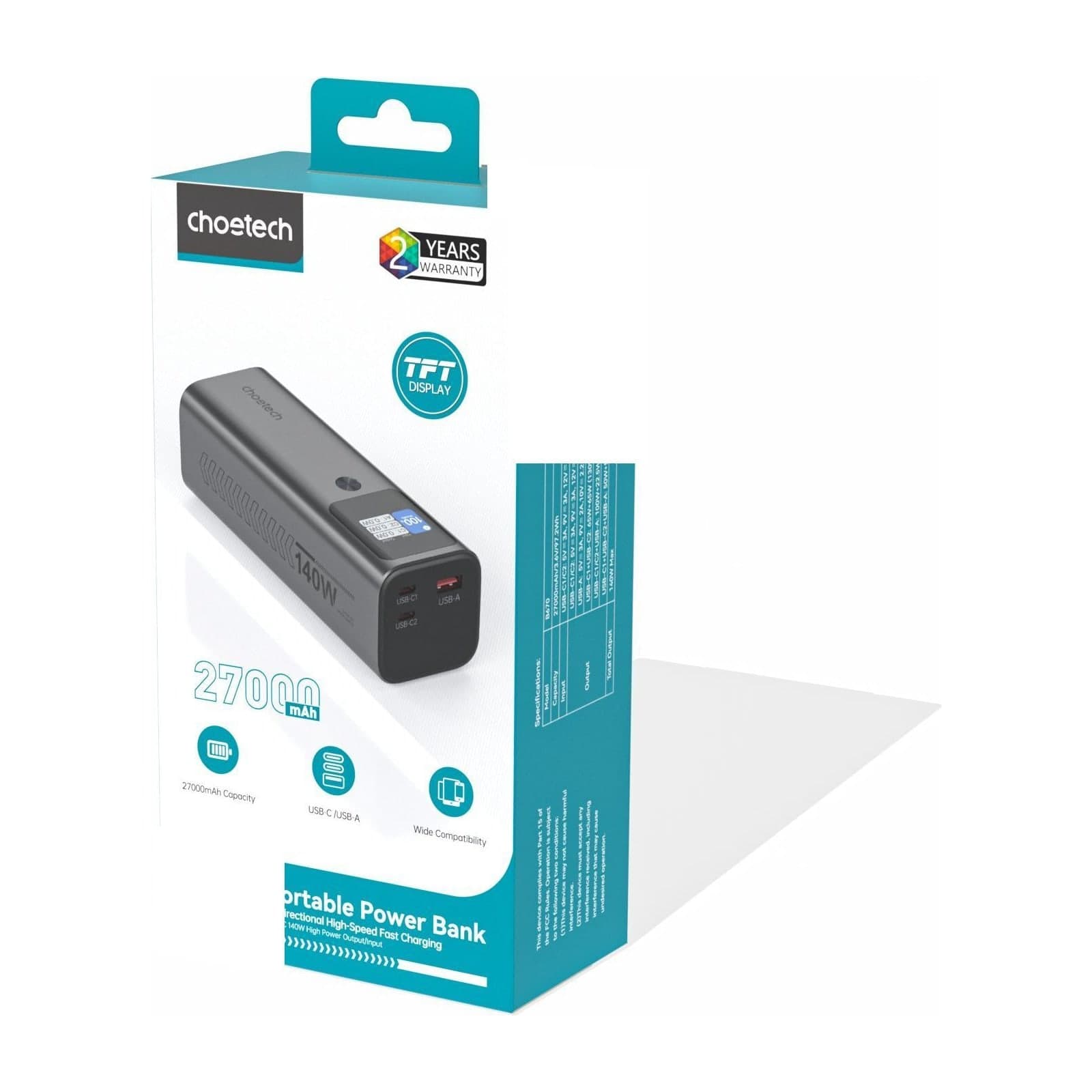 Choetech PowerLeap B670 Power Bank, 25200 mAh, 140 W, Digital Display, Grey — alternate view