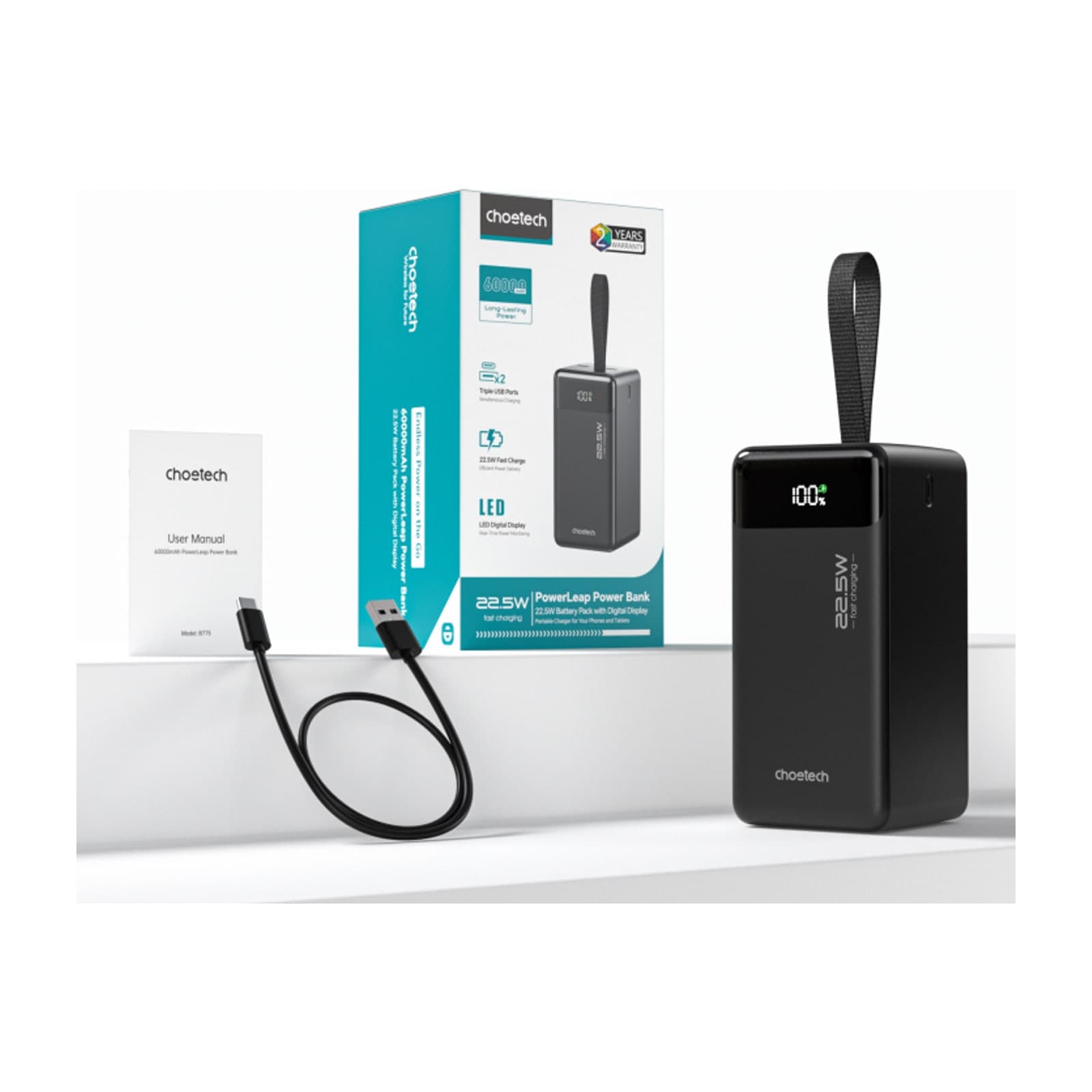 Choetech PowerLeap B775 High-Capacity Power Bank, 60000 mAh, 22.5 W, Black — alternate view