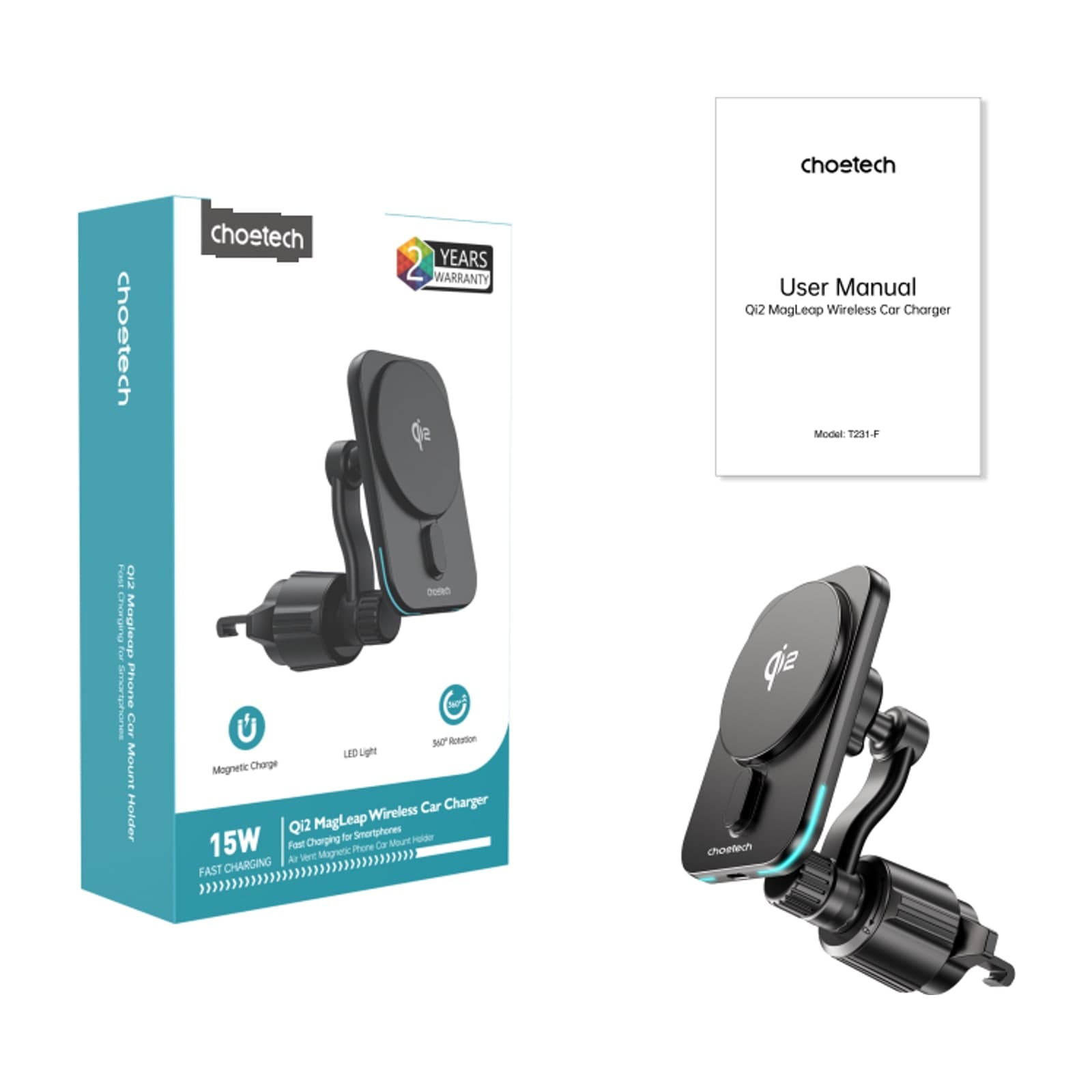 Choetech ZapUp T231-F Qi2 Magnetic Wireless Car Charger with Holder, 15W, Black — alternate view
