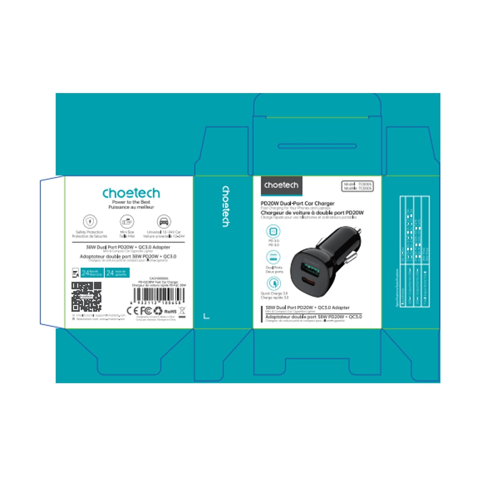 Choetech ZapUp TC0005 36W Car Charger, USB-C and USB-A, Black — alternate view