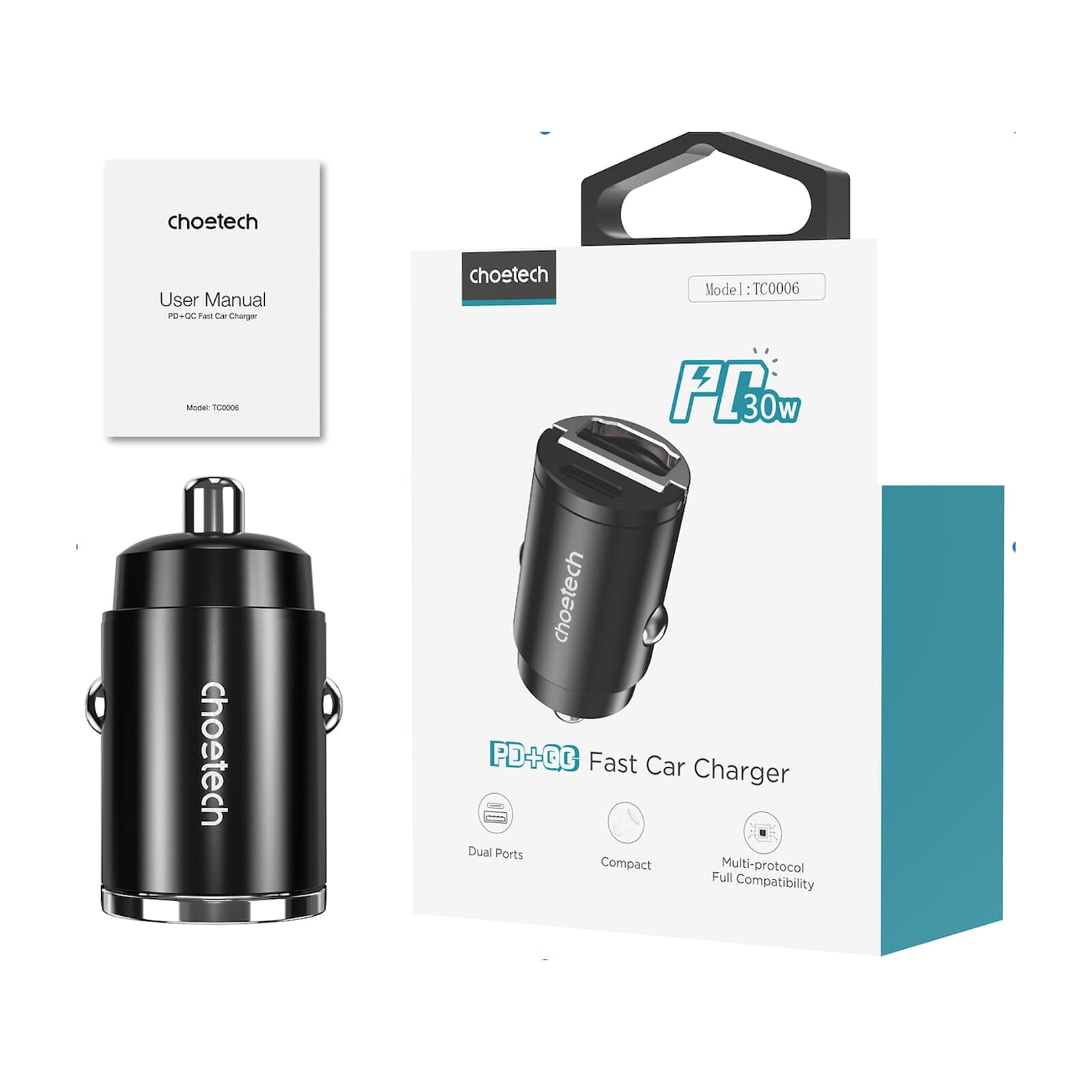 Choetech ZapUp TC0006 30W Car Charger, Aluminium, USB-C and USB-A, Black — alternate view