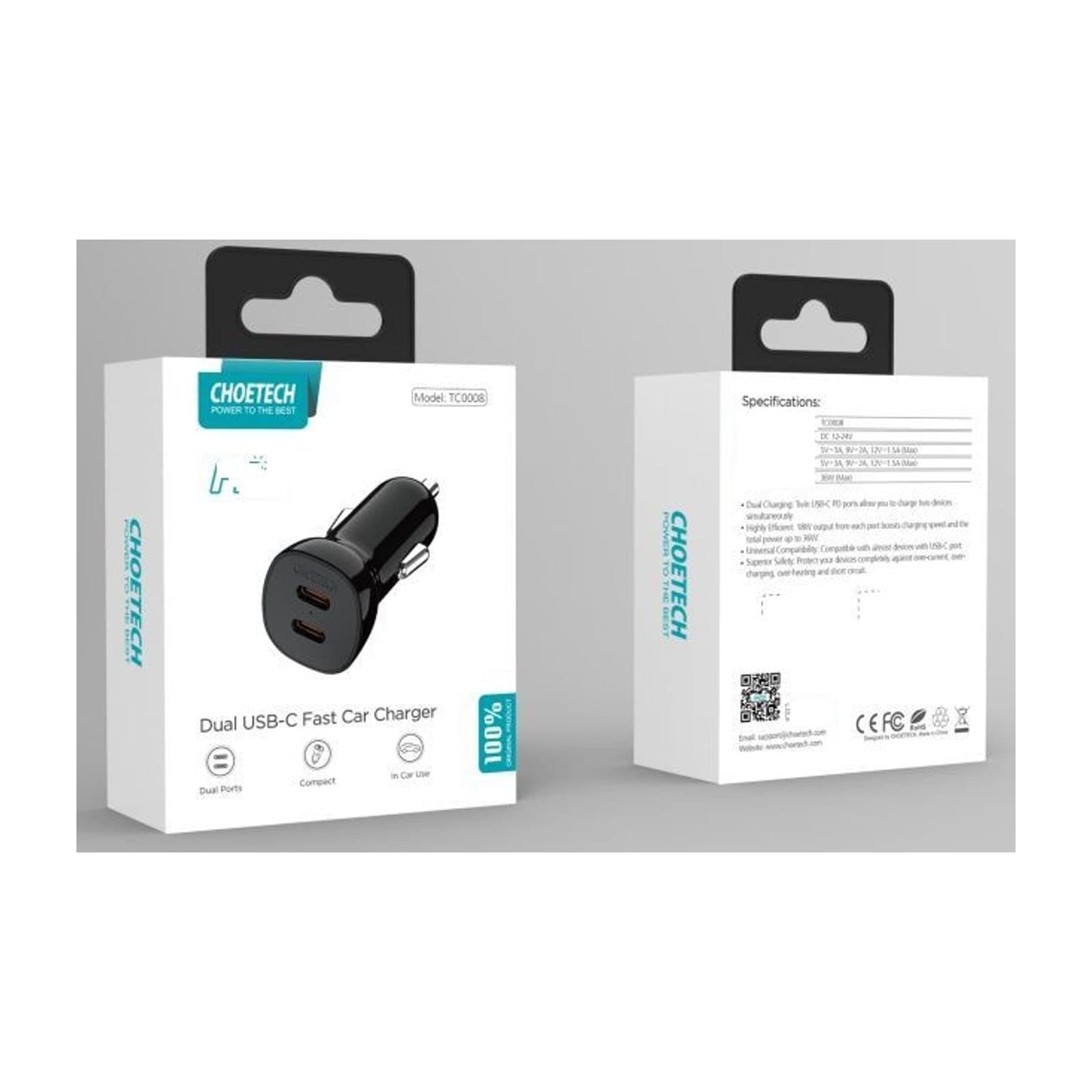Choetech ZapUp TC0008 60W Car Charger, Dual USB-C, Black — alternate view