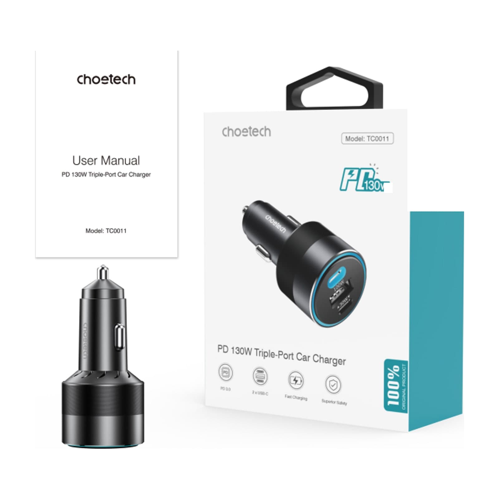 Choetech ZapUp TC0011 130W Car Charger, 100W USB-C, Black — alternate view