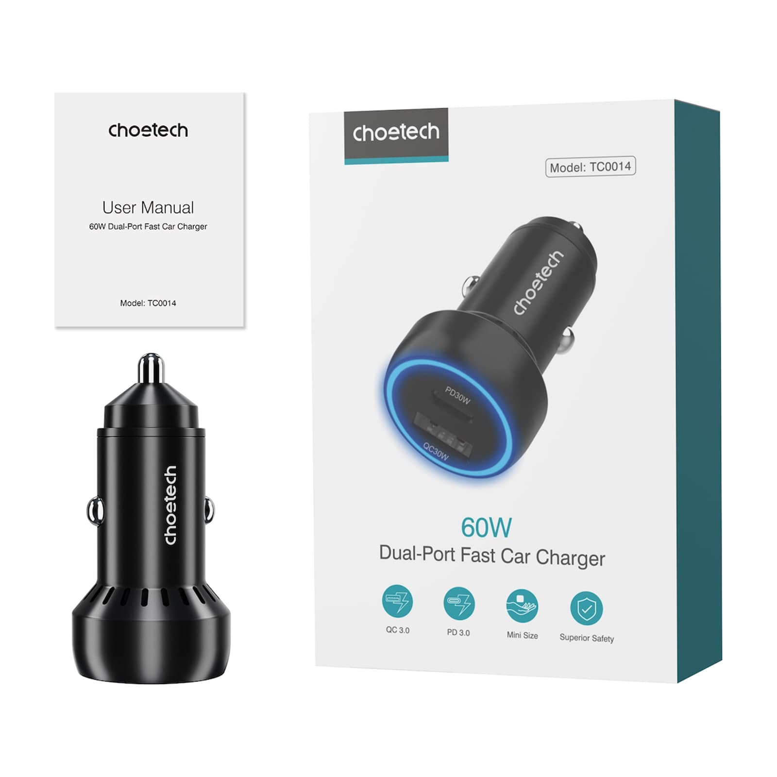 Choetech ZapUp TC0014 60W Car Charger, USB-C and USB-A, Black — alternate view
