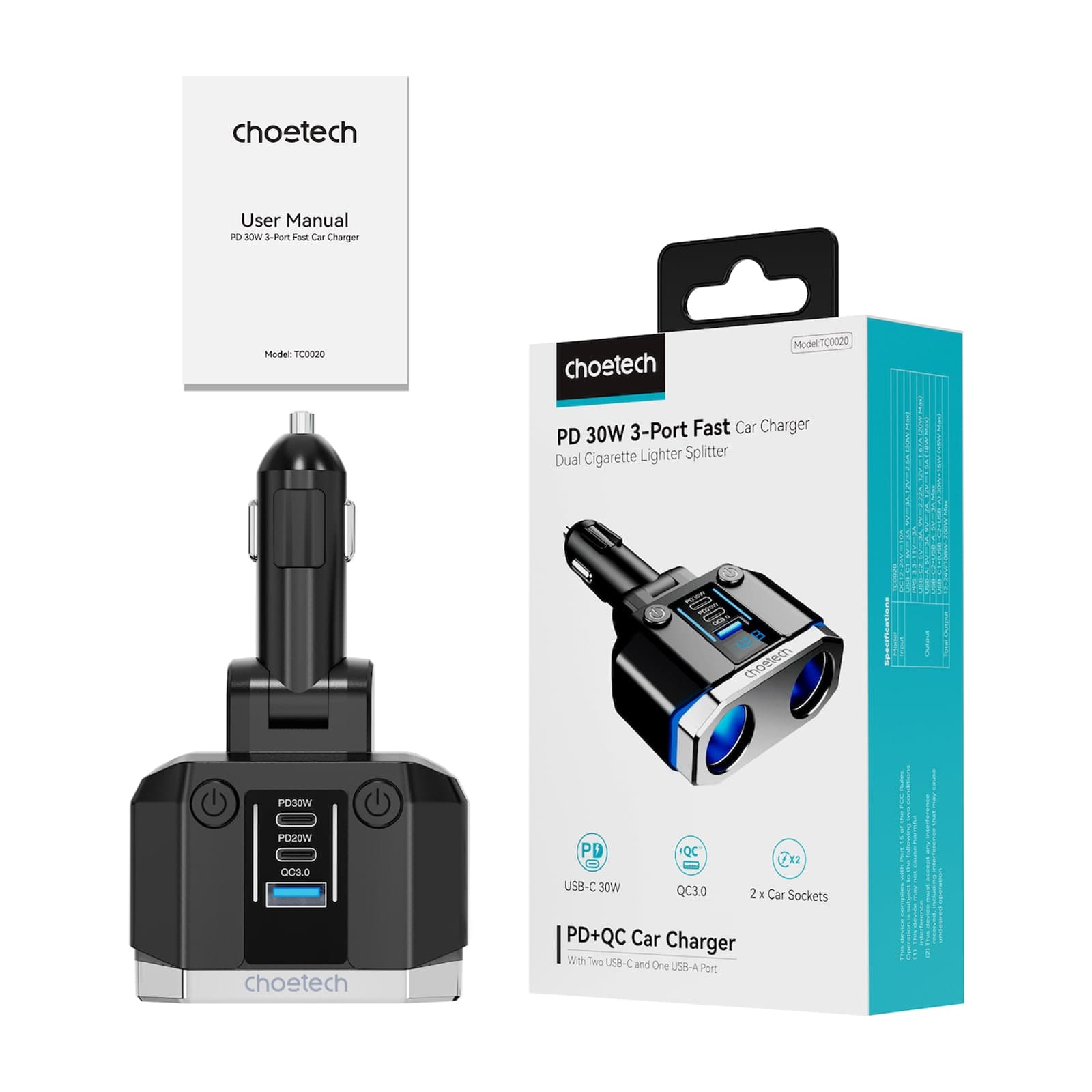Choetech ZapDo TC0020 Car Charger with 2-Port Socket Splitter, Black — alternate view